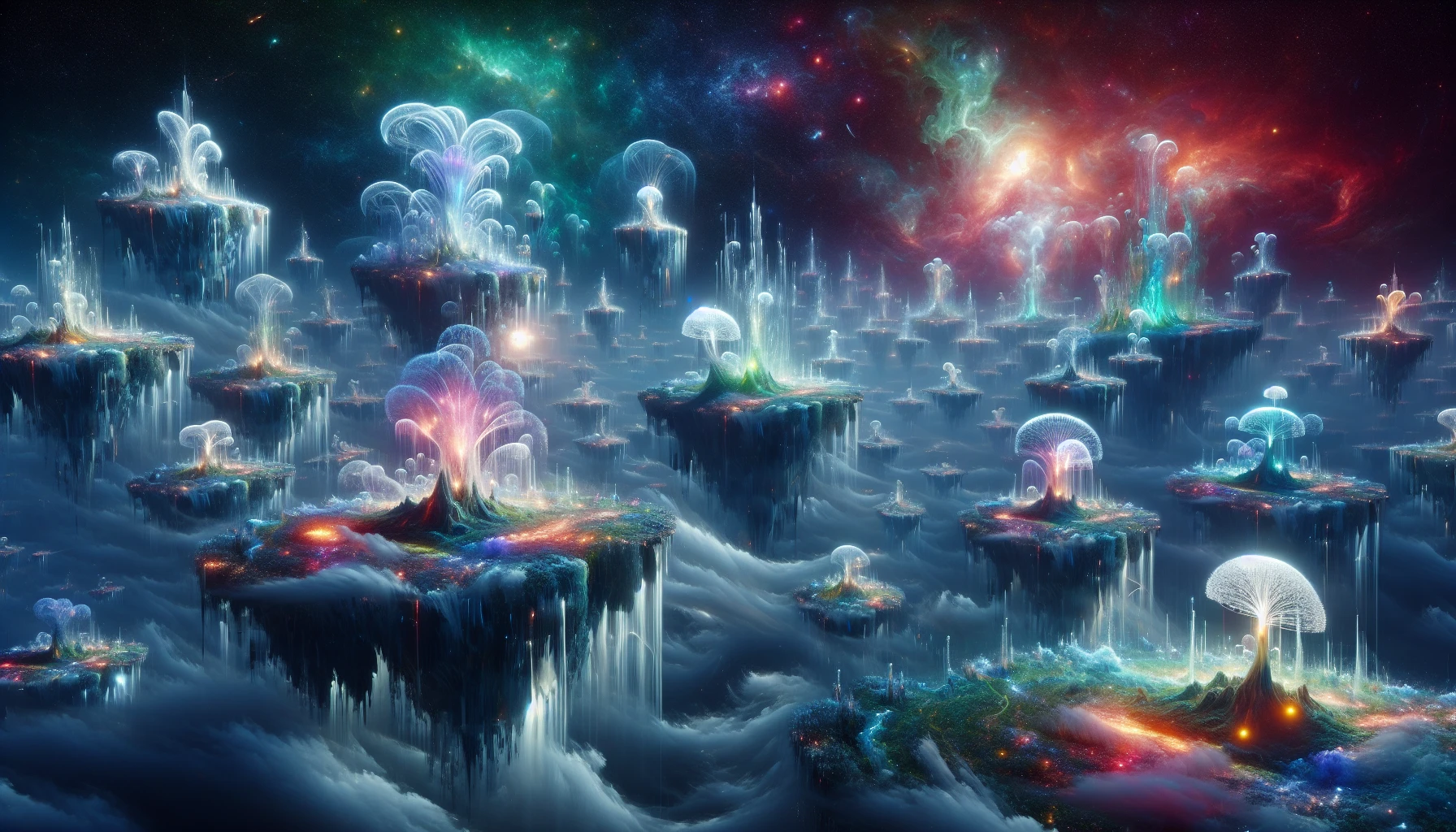 Immerse yourself in a surreal landscape where vibrant, alien islands hover effortlessly in a starry void. Each island boasts fluffy, bioluminescent flora and waterfalls that spill into the endless abyss, creating a mesmerizing dance of light and water. Wisps of ethereal mist weave through the scene, while distant galaxies twinkle, enhancing the otherworldly atmosphere of this breathtaking cosmic oasis.