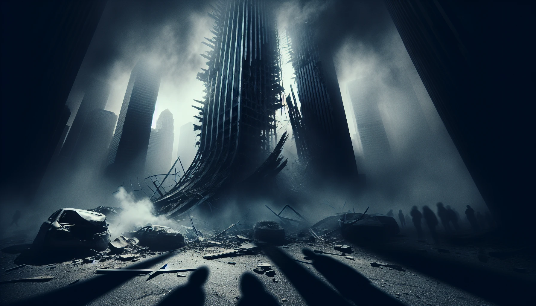 In a haunting urban landscape, a collapsed skyscraper looms, its twisted steel and shattered glass creating an eerie silhouette against a smoky sky. The air is thick with ghostly remnants of an airstrike, as debris litters the ground. Shadows of once-bustling life linger in the crumbled asphalt, and the distant wail of sirens echoes, capturing a moment frozen in time where chaos met silence.