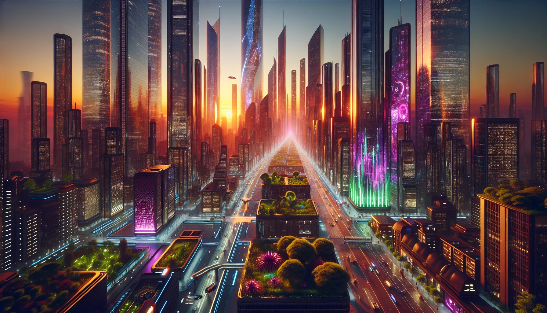 Imagine a sprawling metropolis where towering skyscrapers gleam under a radiant sunset, their glass facades reflecting hues of orange and purple. Lush greenery intertwines with advanced technology, as flying vehicles zip between the buildings. Streets bustle with diverse inhabitants, showcasing a blend of human and robotic life. The atmosphere is alive with vibrant neon lights, casting a magical glow across the city, inviting exploration and wonder.