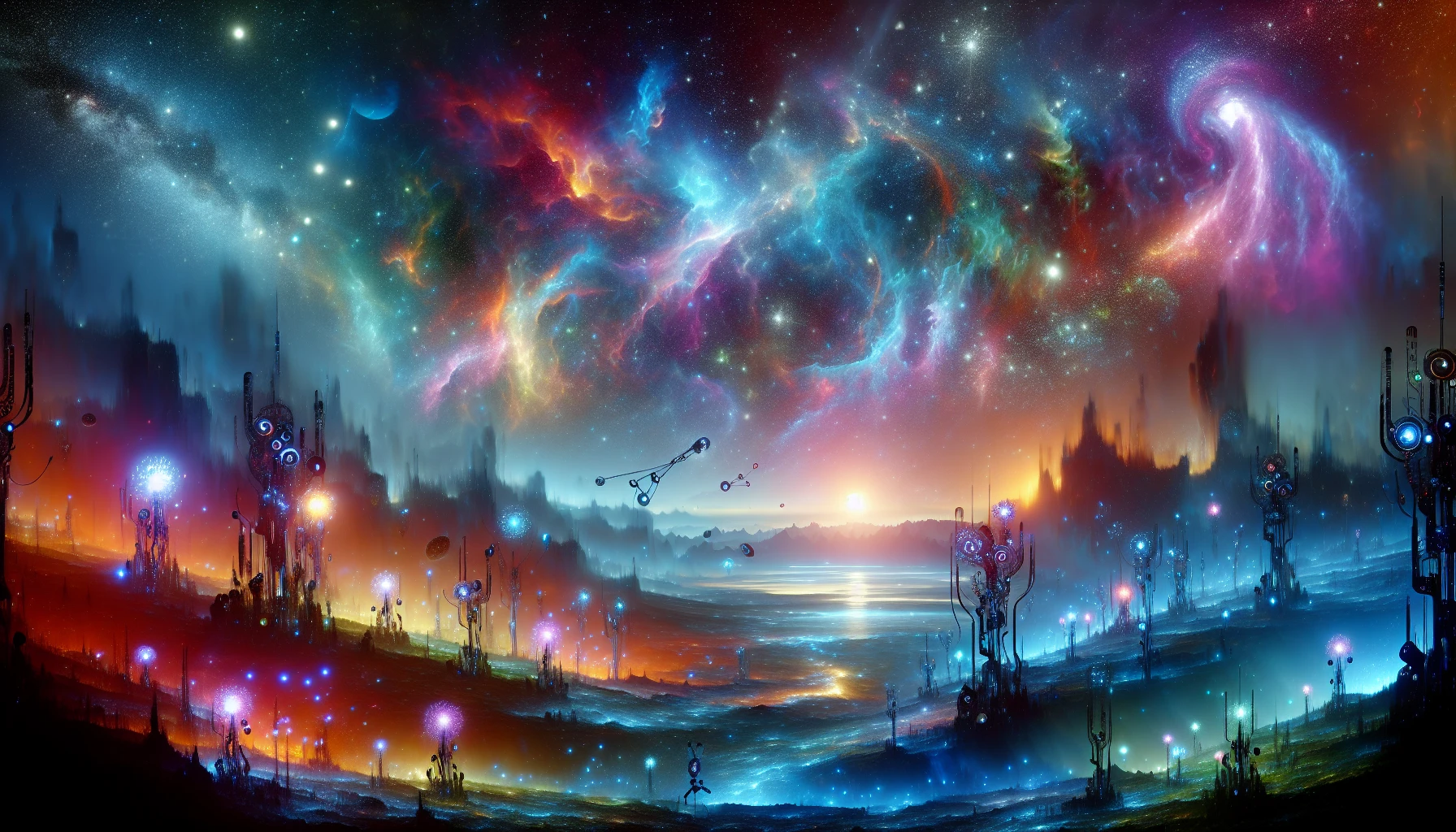 Create an ethereal landscape where shimmering starfields blanket the sky in a symphony of colors. Vibrant nebulae swirl among bright, twinkling stars, casting a surreal glow over a tranquil alien landscape below. Silhouettes of strange, bioluminescent flora reach towards the heavens, while distant planets peek through the cosmic veil. This scene invites viewers to explore the boundless beauty and mystery of the universe.