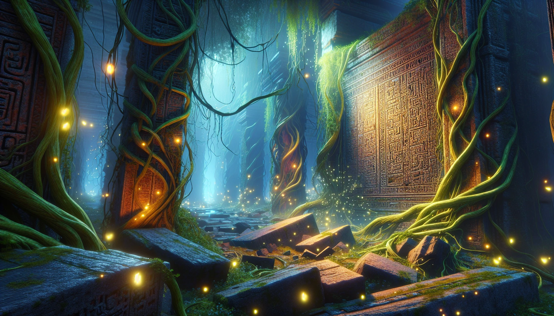 A breathtaking scene unfolds with ancient ruins overgrown by vibrant vines, radiating an ethereal glow. The timeworn stones, etched with enigmatic symbols, pulse softly with mysterious energy, casting an otherworldly light across the surrounding forest. Shimmering fireflies dance through the air, illuminating the forgotten passageways as the whisper of the past intertwines with the present, inviting explorers to uncover long-lost secrets.