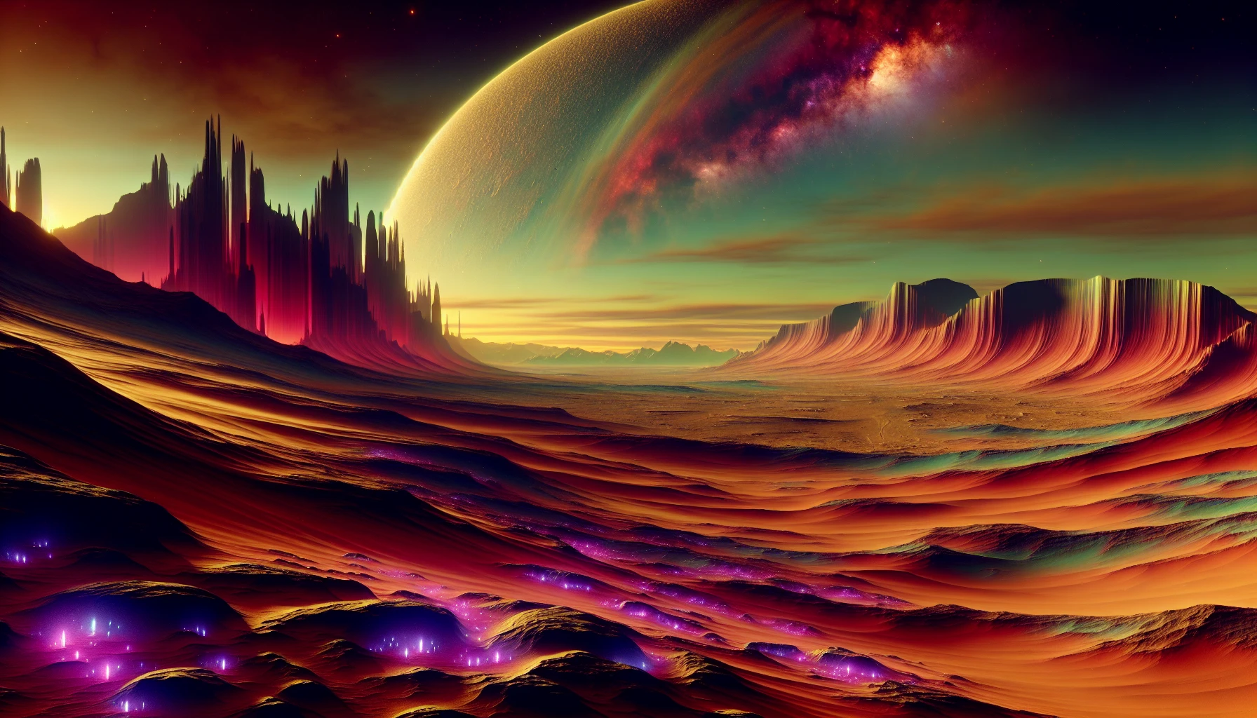 Picture a desolate alien planet with sweeping dunes of crimson sand, punctuated by towering, otherworldly rock formations. The sky swirls with vibrant hues of violet and gold, casting an ethereal glow across the barren landscape. Scattered throughout are bioluminescent plants, their soft light illuminating the dark shadows of the terrain. In the distance, a mysterious mountain range juts skyward, hinting at undiscovered secrets lurking in this vibrant yet desolate world.