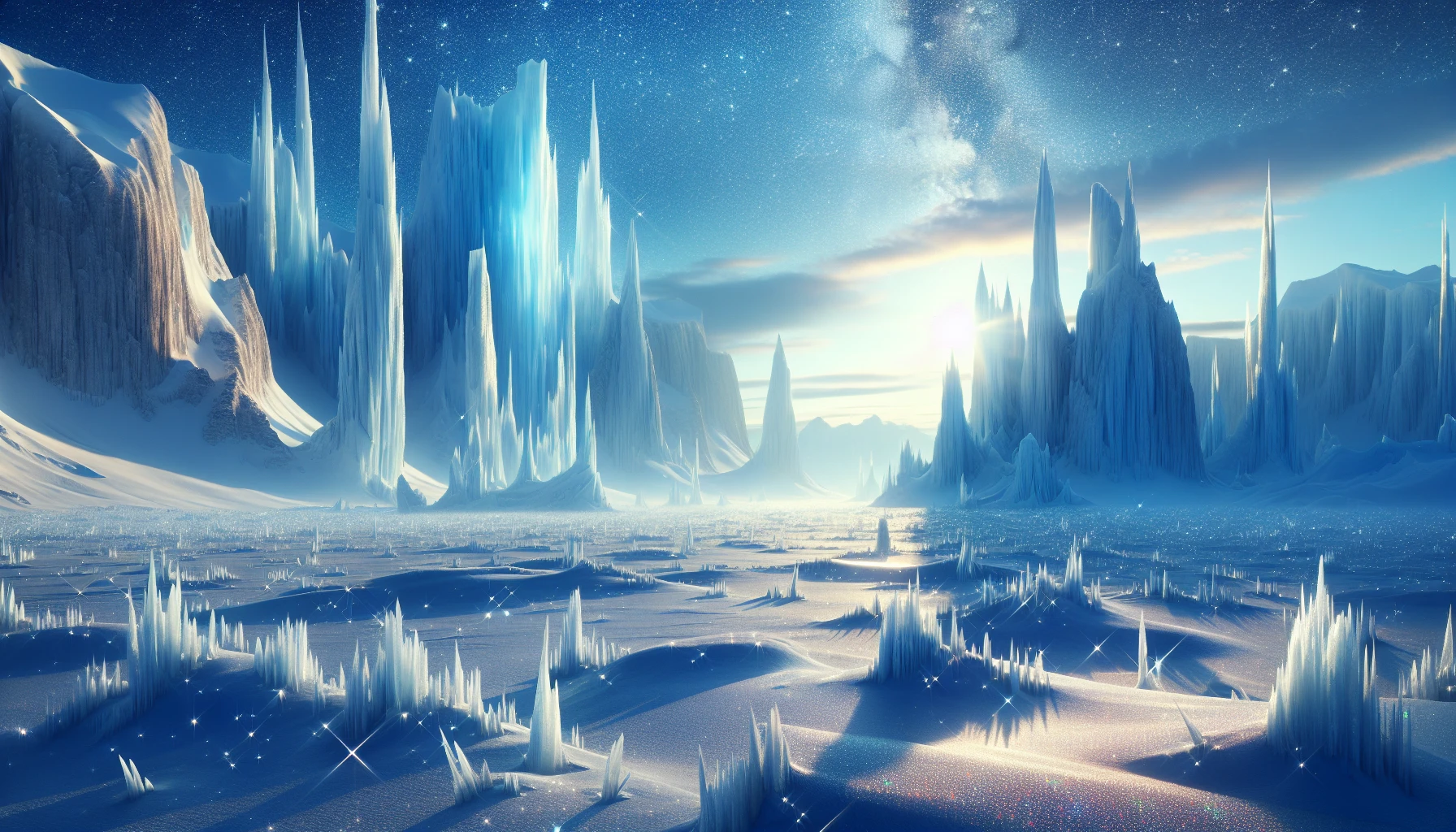 Envision a breathtaking frozen landscape where towering ice spires pierce the azure sky, casting shimmering reflections on the pristine snow below. The tundra sprawls like a silent ocean, its surface dotted with glistening frost crystals that catch the pale sunlight. A gentle breeze stirs the icy air, sending a chill through the scene, while distant mountains loom majestically, their peaks cloaked in perpetual ice.