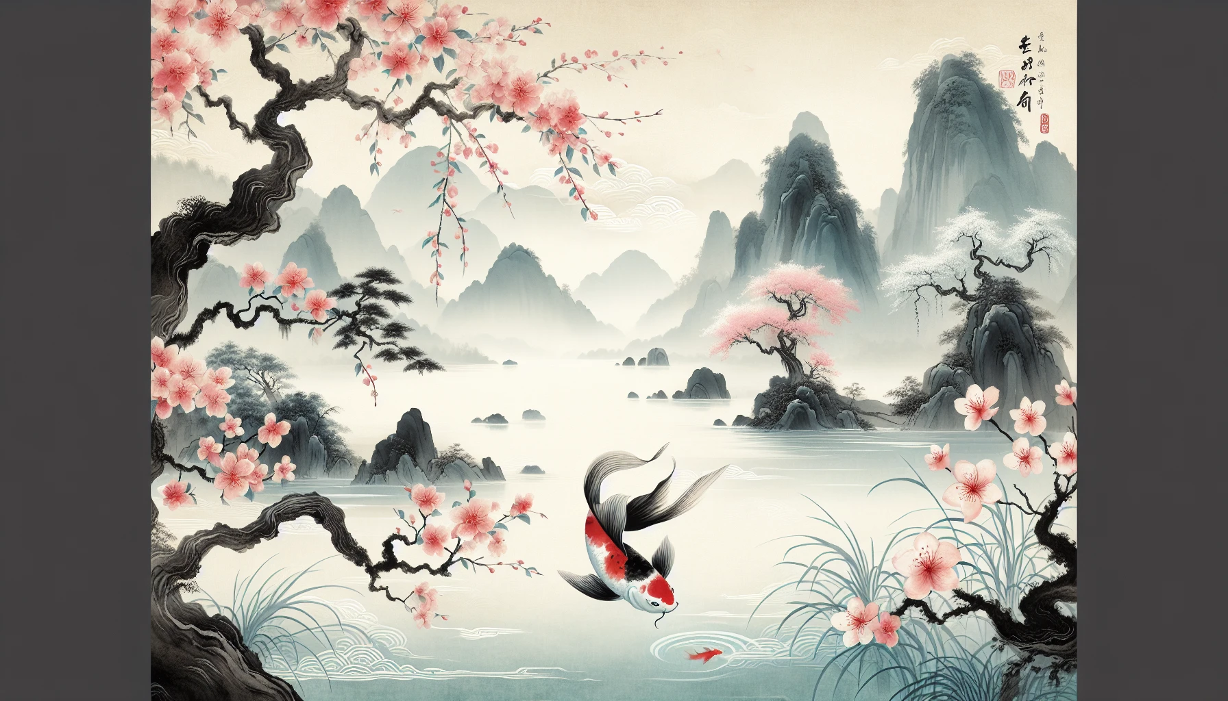 Create a stunning image that blends traditional Chinese ink painting with a modern twist. Showcase serene landscapes, delicate cherry blossoms, and graceful koi fish, all captured with fluid brush strokes and gentle washes of ink. The scene should evoke tranquility and harmony, with soft gradients and subtle textures that highlight the beauty of nature, inviting the viewer to immerse themselves in this dreamy world.