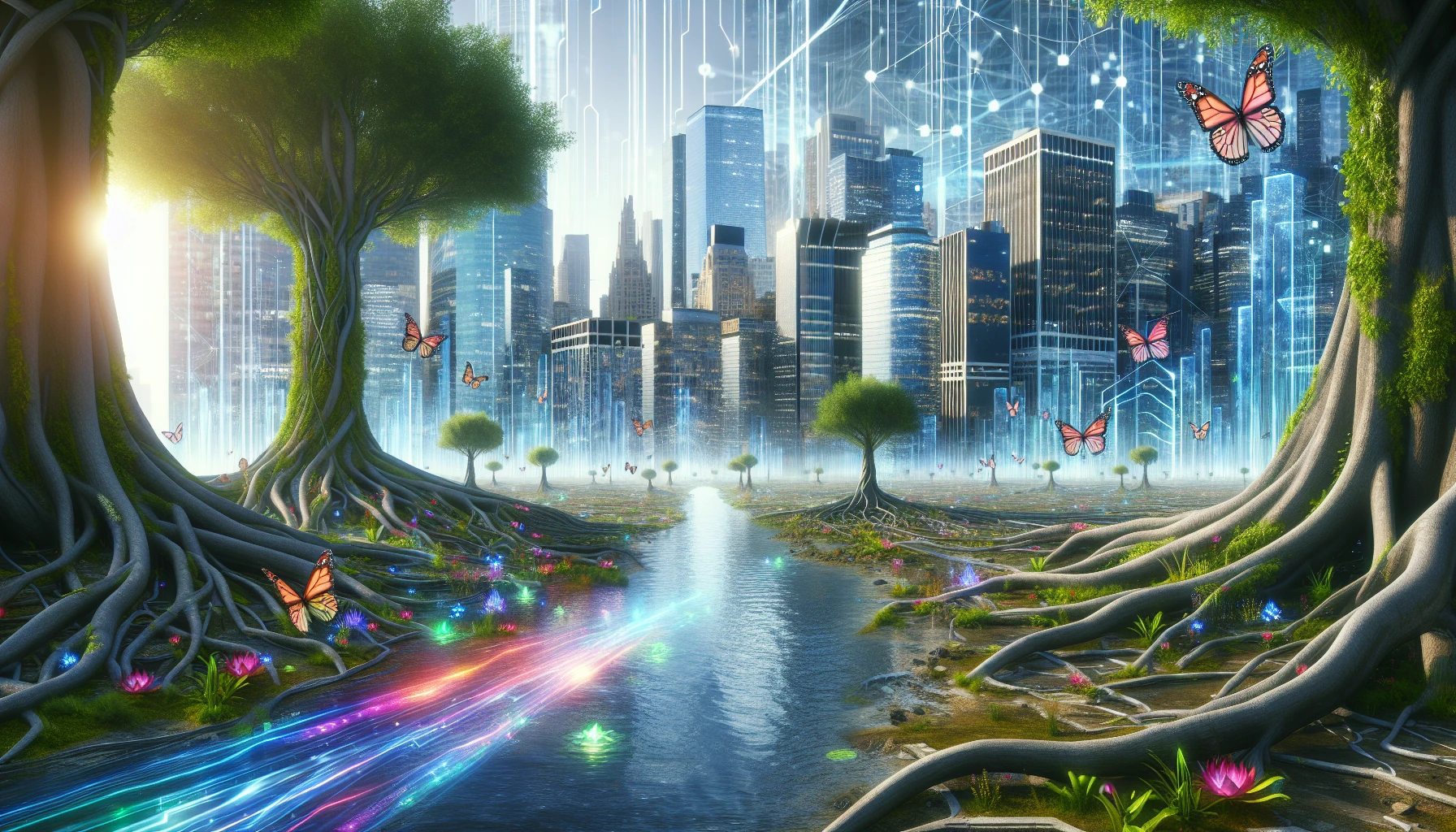 Imagine a surreal landscape where towering skyscrapers entwine with ancient trees, their roots breaking through concrete. The scene is alive with vibrant flora, while holographic butterflies flutter through the air, reflecting sunlight. In the distance, a river flows, merging digital streams with crystal-clear waters. This visually striking juxtaposition captures the essence of coexistence, showcasing both technology's progression and nature's enduring beauty in a breathtaking dance.