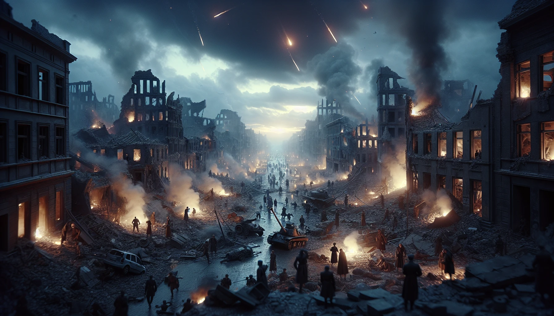 An intense scene unfolds in a devastated city, ravaged by relentless artillery fire. Crumbling buildings, smoke billowing from shattered structures, and scattered debris create a haunting atmosphere. Explosions illuminate the darkened sky, casting eerie shadows on the rubble-strewn streets. Amidst the chaos, a flicker of hope glimmers as determined figures navigate through the destruction, embodying resilience in the face of despair.