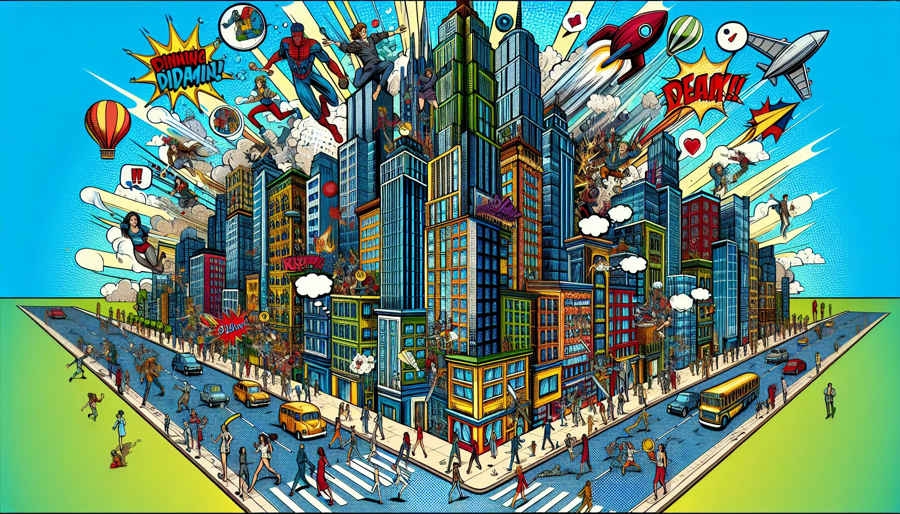 Create a bustling cityscape bursting with comic-style elements. Picture exaggerated perspectives, bold colors, and dynamic characters leaping through the streets. Skyscrapers tower with playful proportions, while thought bubbles and action words animate the scene. Include peculiar vehicles and quirky pedestrians, all captured in a tapestry of comic artistry that invites viewers into a vibrant world of adventure and imagination.