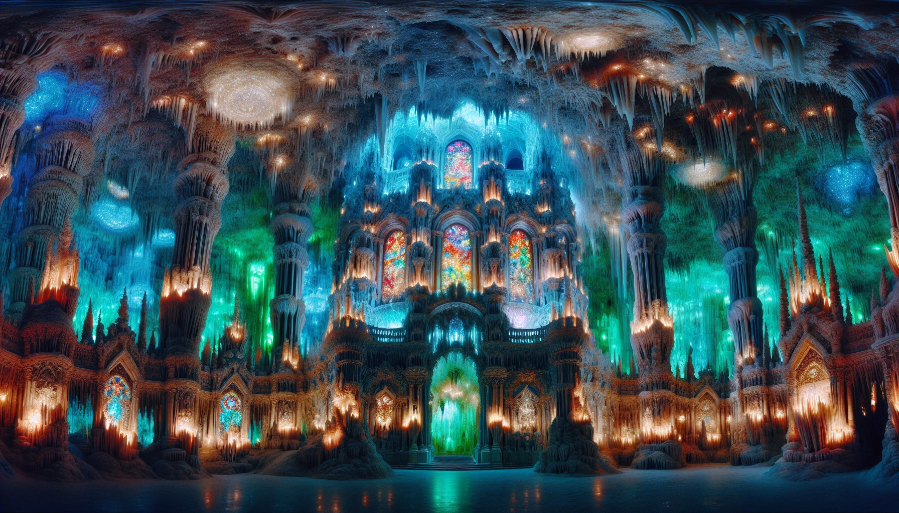 Imagine a breathtaking cathedral hidden deep within a luminescent underground cavern. Its walls are adorned with shimmering crystals, refracting light into a kaleidoscope of colors. Stalactites hang like chandeliers from the ceiling, while an ethereal glow illuminates the intricate stained glass windows depicting ancient myths. The air is cool and filled with a soft hum, creating a mystical atmosphere that invites contemplation and wonder.