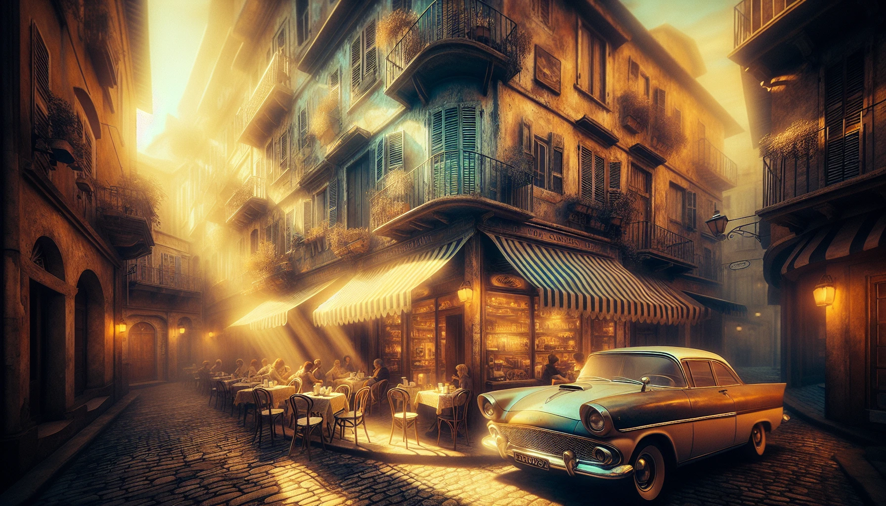 Capture a stunning scene of a sun-drenched street lined with charming, weathered buildings, each imbued with rich hues of browns, faded blues, and dusty yellows. A classic car from the 1960s is parked beside a quaint café, where patrons enjoy their coffee under striped awnings. Soft, dreamy light filters through, casting a nostalgic glow that evokes the warmth of yesteryears, inviting viewers into a timeless world.