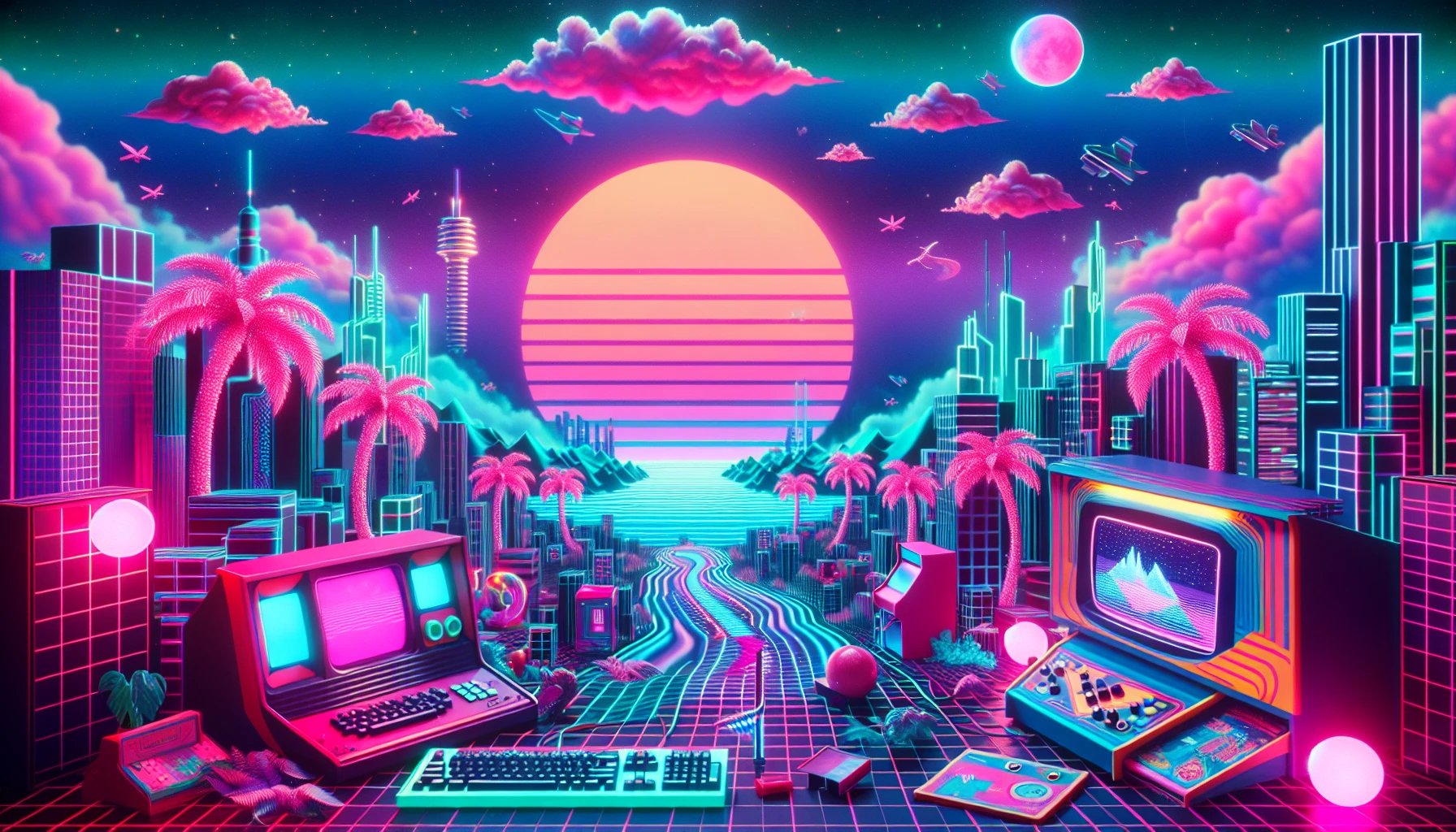 Dive into a mesmerizing Vaporwave landscape where neon hues of pink and turquoise blend seamlessly with retro computer graphics. Picture a surreal cityscape adorned with palm trees and vintage arcade machines, all set against a backdrop of swirling clouds and pixelated sunsets. The atmosphere buzzes with nostalgia, as synthwave melodies seem to echo through the dreamy haze, inviting you to escape into this vibrant retro-futuristic realm.