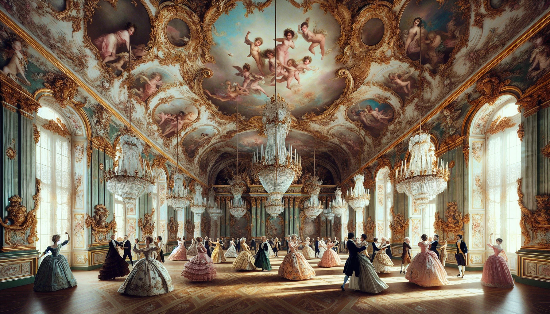 Envision an opulent ballroom adorned with delicate pastel tones, intricate gold leaf patterns, and lavish floral motifs typical of the Rococo style. Chubby cherubs dangle from elaborate chandeliers, while elegantly dressed figures twirl in graceful dance. The walls, draped in sumptuous fabrics, create a sense of intimacy and warmth, inviting viewers to lose themselves in this enchanting blend of art and romance, where every detail tells a story.