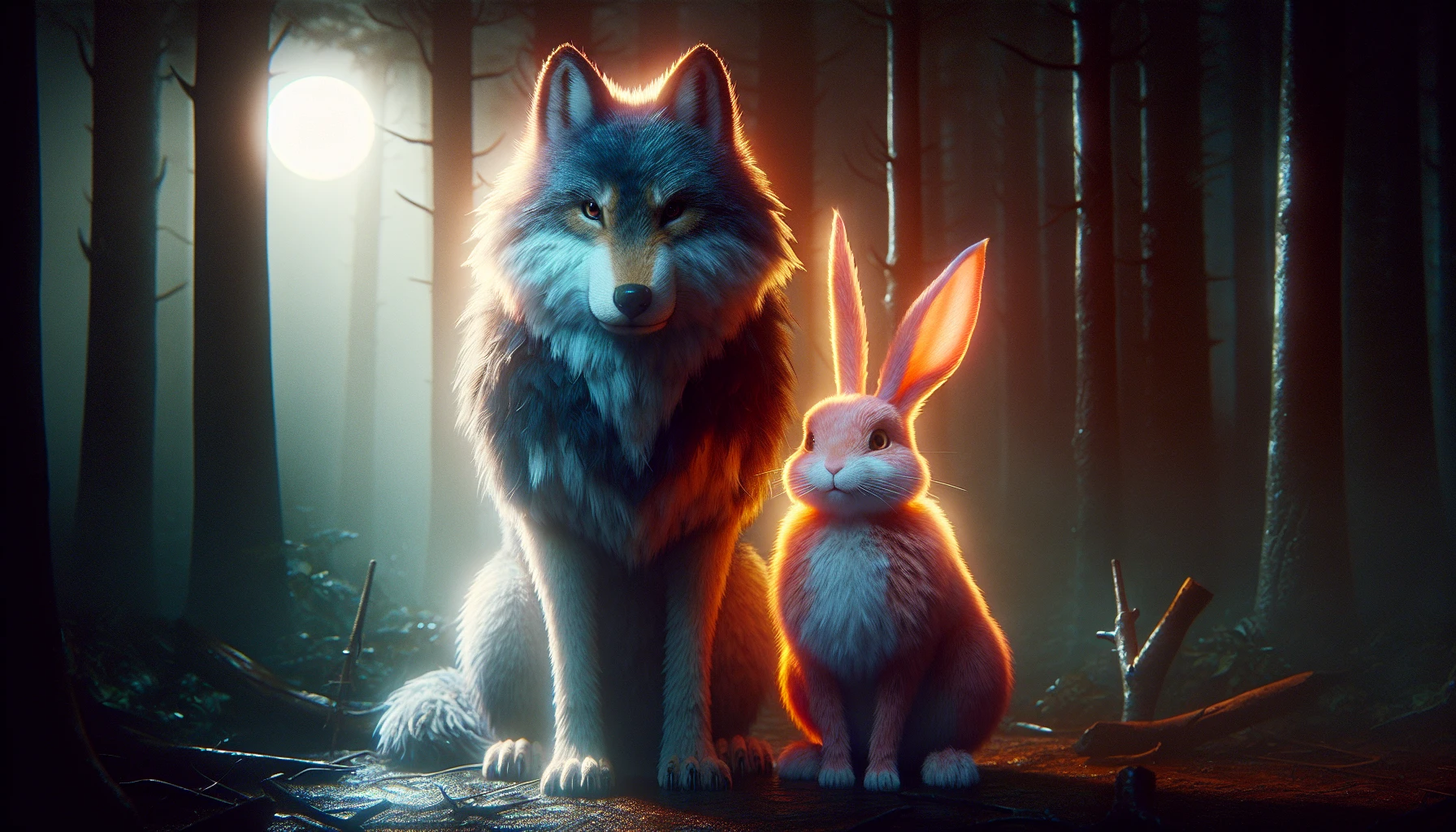 In a dimly lit, ancient forest, two unexpected allies—a fierce wolf and a timid rabbit—stand side by side, their eyes locked in mutual understanding. The wolf's fur gleams under the moonlight, casting an aura of strength, while the rabbit’s vibrant coat contrasts with the shadows. Around them, the remnants of a recent battle linger, yet their newfound friendship radiates warmth, promising hope and unity against all odds.