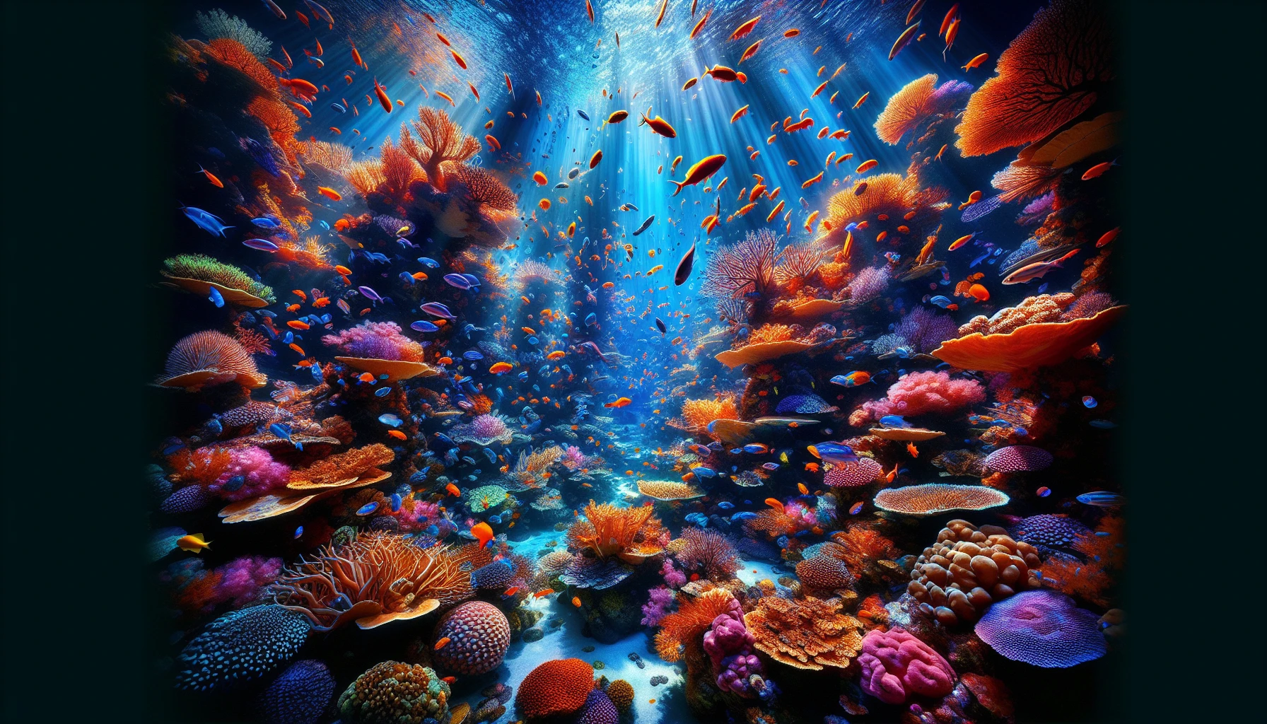 Dive into a vibrant underwater paradise where a stunning coral reef thrives in brilliant hues of orange, pink, and blue. Schools of neon-colored fish weave through the intricate formations of coral, creating a harmonious dance of colors. Sunlight filters down, illuminating the underwater world, enhancing the vivid details of marine life. This enchanting scene captures the essence of ocean beauty, inviting viewers to explore its depths.