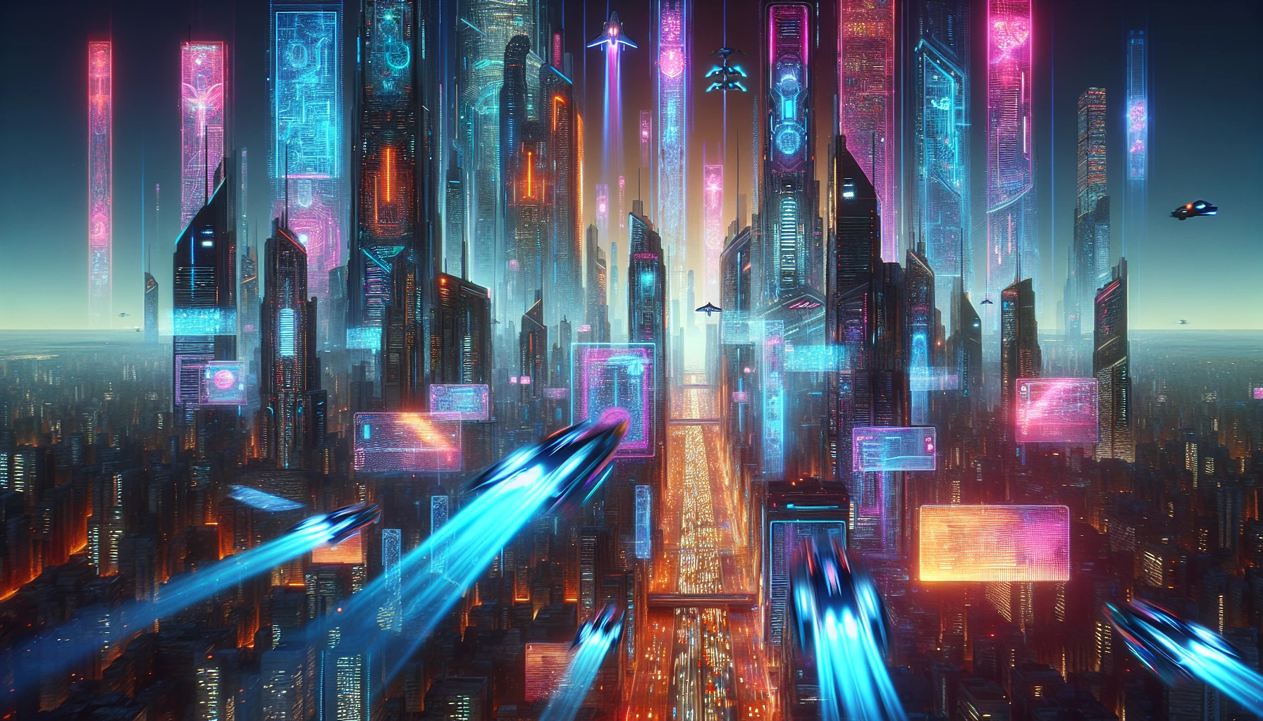 Immerse yourself in a breathtaking cyberpunk skyline where sleek flying cars zip between towering skyscrapers bathed in vibrant neon hues. Holographic advertisements flicker and pulse, creating a captivating tapestry of light against the deep shadows of the urban landscape. The atmosphere is electric, with every element exuding a sense of futuristic wonder and endless possibilities, inviting you to explore this dazzling, high-tech world.