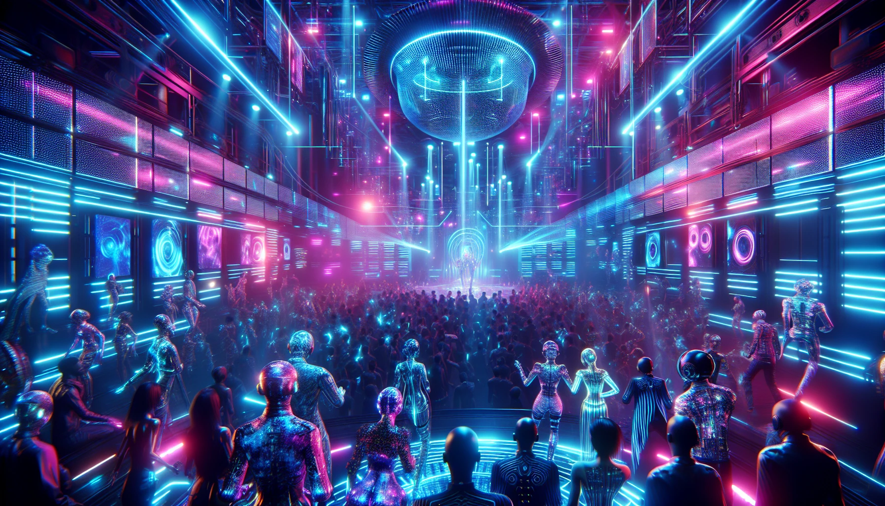 In a vibrant cyberpunk nightclub, electric blue and pink neon lights pulse syncopated to thumping bass. Holographic spotlights cascade over a diverse crowd of futuristic individuals, each adorned in striking attire that glimmers under the glow. The air is thick with energy as dancers spin and sway, their movements echoing the colorful rhythms around them, creating an atmosphere brimming with exhilarating chaos and technological wonder.