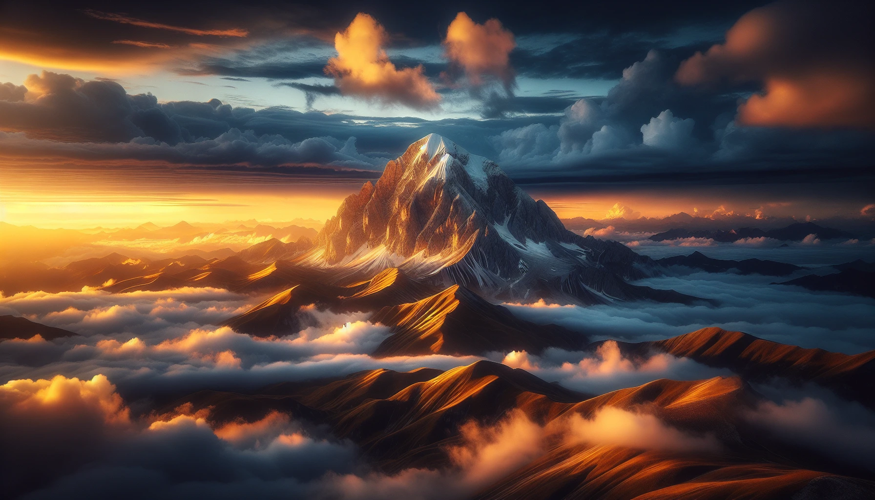 Visualize a majestic mountain peak rising triumphantly above a sea of soft, fluffy clouds, bathed in the golden hues of sunrise. The rugged terrain is adorned with patches of snow, reflecting the warm light, while the sky transitions from deep blue to radiant orange. Wispy clouds curl around the base, creating a sense of ethereal beauty, inviting viewers to explore this breathtaking, serene paradise.