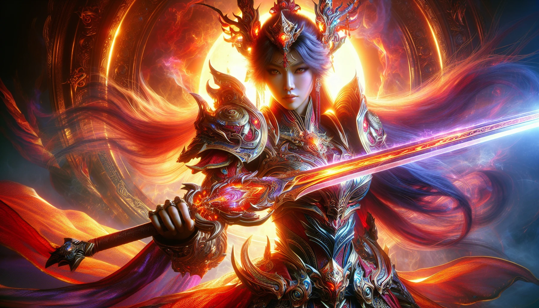 In a vibrant fantasy realm, a fierce warrior stands tall, donned in intricately detailed armor that reflects the light of a blazing sunset. Clutched in their hand is a magnificent sword, its blade shimmering with an ethereal glow, illuminating the surroundings. The warrior's determined gaze pierces through the mist, as swirling magical energies dance around them, hinting at an epic battle on the horizon.