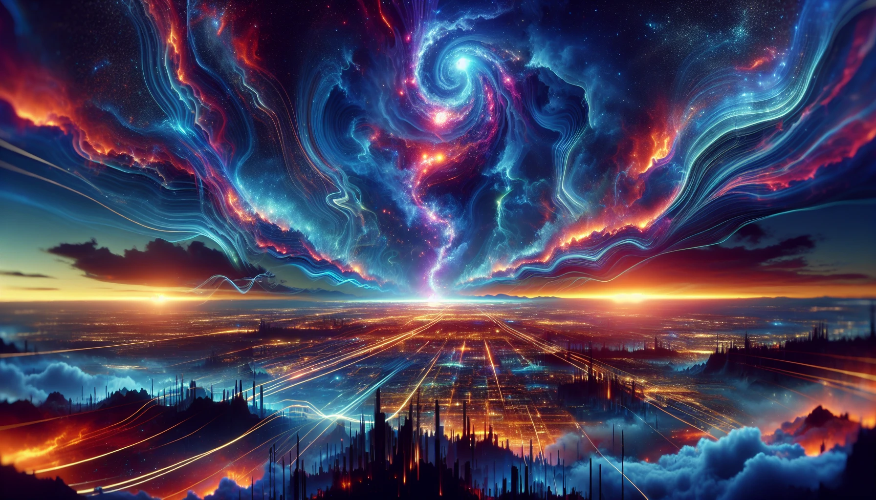 Capture the breathtaking moment of a massive dimensional rift slicing through a vibrant twilight sky. Jagged edges of swirling energy pulsate with electric blues, fiery oranges, and deep purples, casting an otherworldly glow over the landscape below. A distant silhouette of a city stands in awe, its buildings bathed in the ethereal light, while wisps of cosmic matter spiral out, hinting at the mysteries beyond this tear in reality.