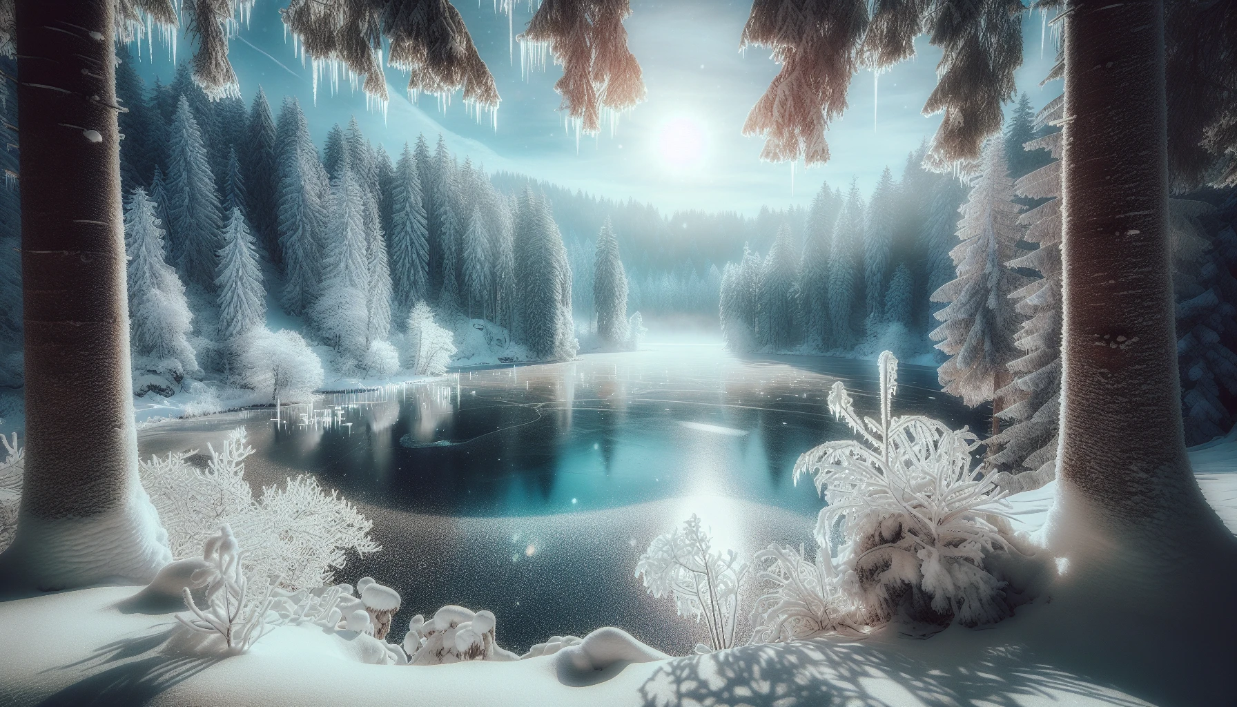 A breathtaking scene of a frozen lake, its pristine surface reflecting the pale winter sun. Towering evergreens, draped in glistening snow, frame the lake, their branches heavy and picturesque. Wisps of frost dance in the crisp air, while a cluster of delicate icicles hangs from a nearby branch, adding a touch of elegance. The serene atmosphere invites tranquility, capturing the magical stillness of a wintry day.