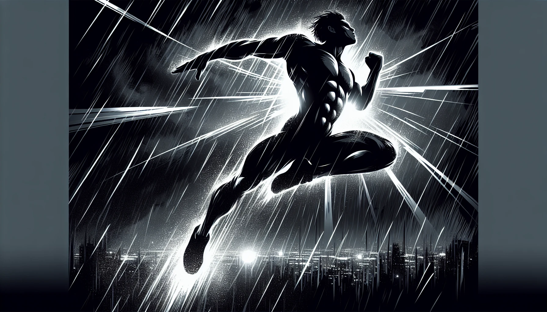 Capture a scene of an agile superhero mid-leap, muscles rippling, framed against a stormy night sky. The intense contrast of shadows and brilliant beams of light cuts through the darkness, illuminating rain droplets in the air as they shimmer like diamonds. Energy radiates from their pose, showcasing raw power and determination, while the surrounding urban landscape below hints at a world in turmoil, waiting to be saved.