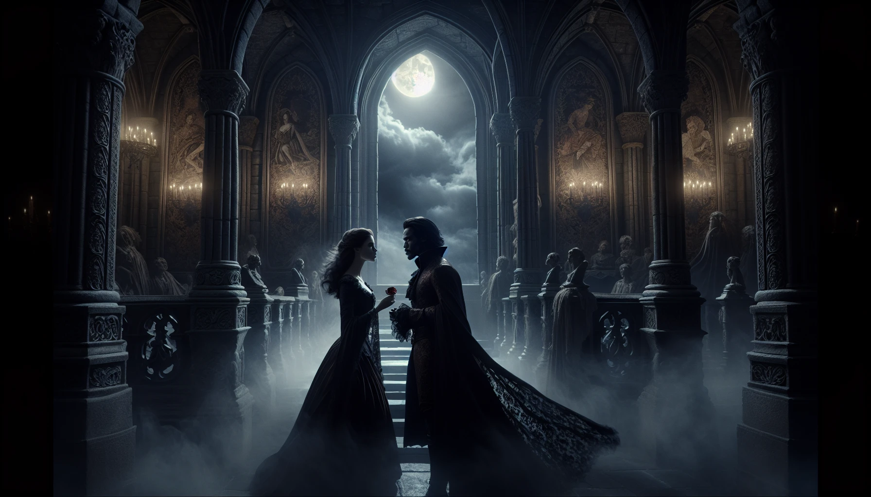 In a dimly lit castle adorned with intricate stone carvings, a brooding vampire and a spirited mortal share an intense gaze. Moonlight filters through tall arched windows, casting ethereal shadows across the ornate tapestry. Wisps of fog swirl around the pair, and distant thunder rumbles, echoing their forbidden love. The air is thick with anticipation as the fiery passion battles the dark allure of eternity.