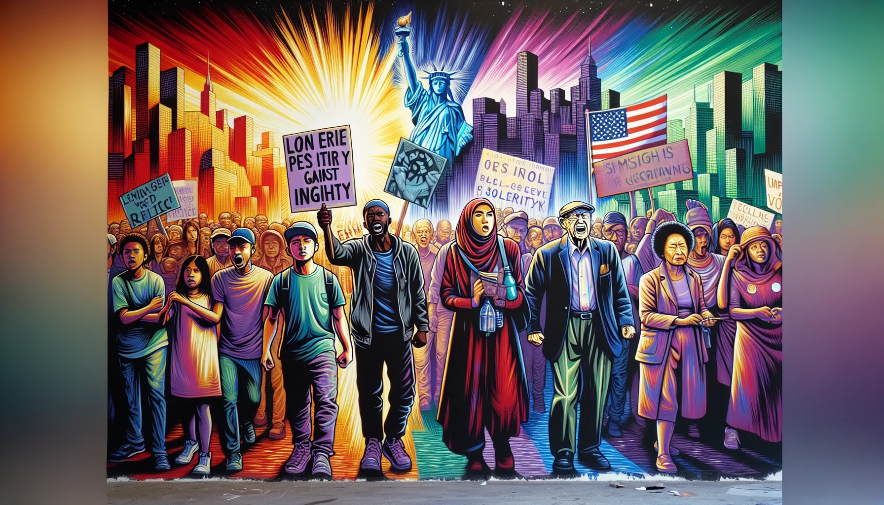 Capture a vibrant mural depicting diverse figures united in protest, holding banners with powerful messages advocating for social justice. The background features a cityscape, half in shadow representing struggle and half bathed in light symbolizing hope. The scene is alive with a collage of expressions—determination, resilience, and solidarity—as they march forward, challenging inequality and inspiring future generations to join the fight for change.