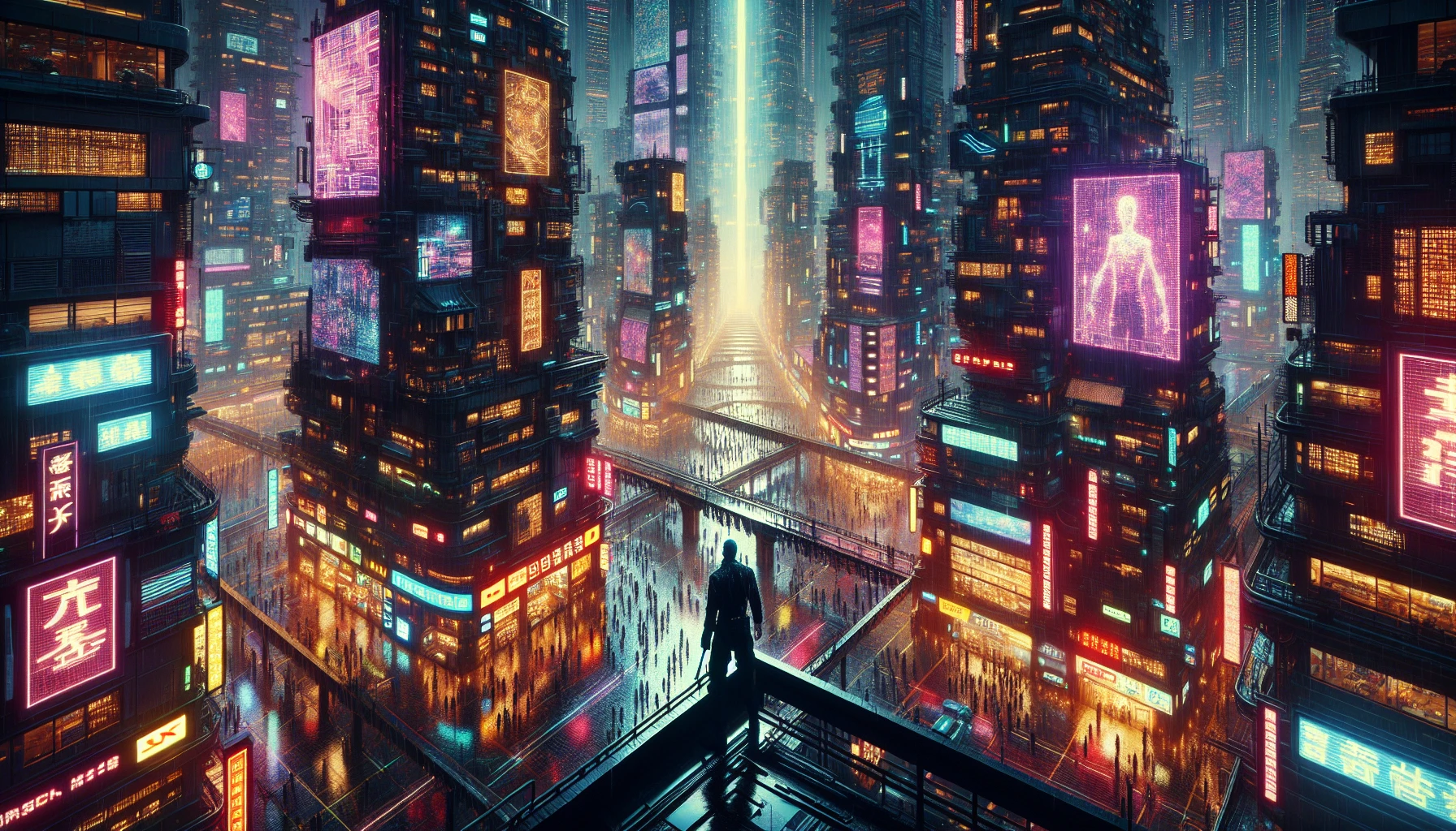 In a sprawling metropolis drenched in neon lights and rain, a powerful crime syndicate weaves its influence through the labyrinth of dark alleyways. Towering skyscrapers loom above, their holographic advertisements flickering ominously. Street-corner barons negotiate deals beneath the watchful eye of surveillance drones, while rogue hackers infiltrate corporate secrets. Amidst the chaos, a lone anti-hero emerges, determined to unravel the syndicate's grip on the city.