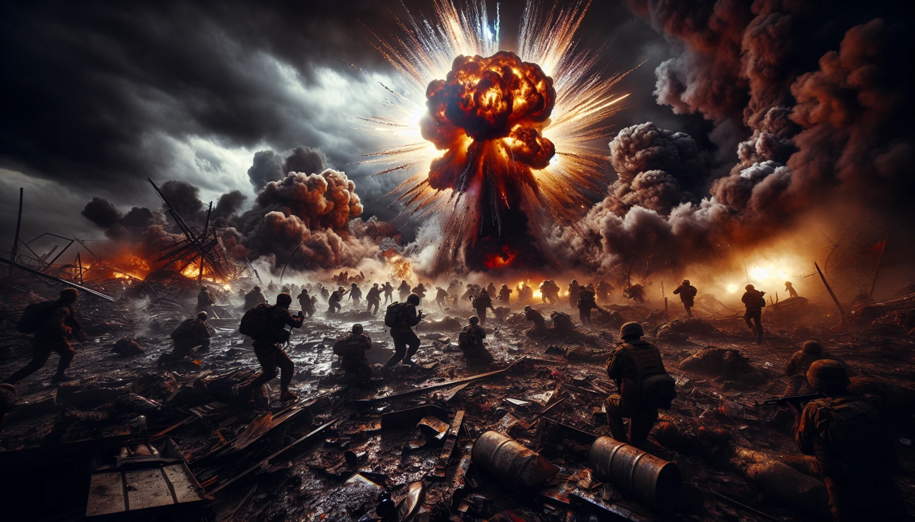 Witness a colossal explosion rip through a war-torn battlefield, illuminating the chaotic scene with blinding light and fiery shockwaves. Soldiers scramble for cover amidst debris and smoke, their faces illuminated by the glow of destruction. Dark clouds churn ominously overhead, while fragments of shattered earth and metal scatter like confetti in the air. The atmosphere is charged with tension, echoing the relentless fury of war.