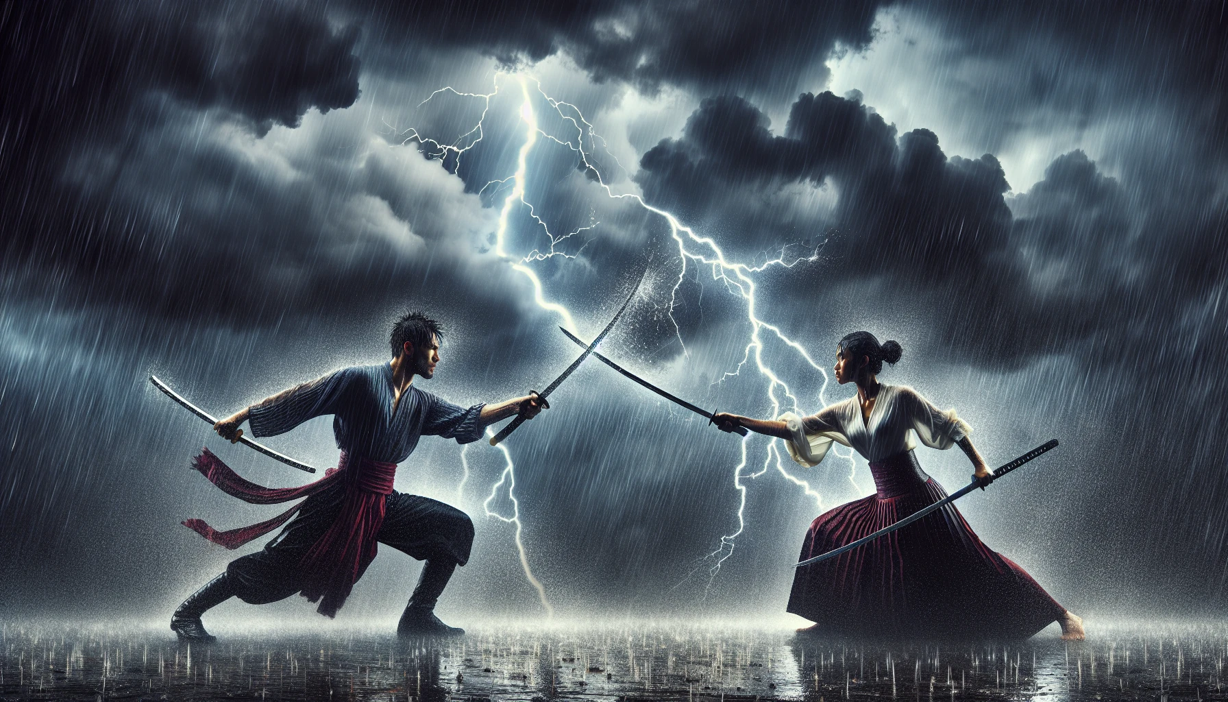 Two skilled swordsmen engage in a fierce battle under a torrential downpour, their blades clashing with a resounding clang that echoes through the storm. Dark clouds swirl overhead, illuminated by flashes of lightning that reveal the intensity in their eyes. Water streams off their weapons and coats the ground, creating a dramatic, mesmerizing scene of strength and determination amidst the relentless rain.