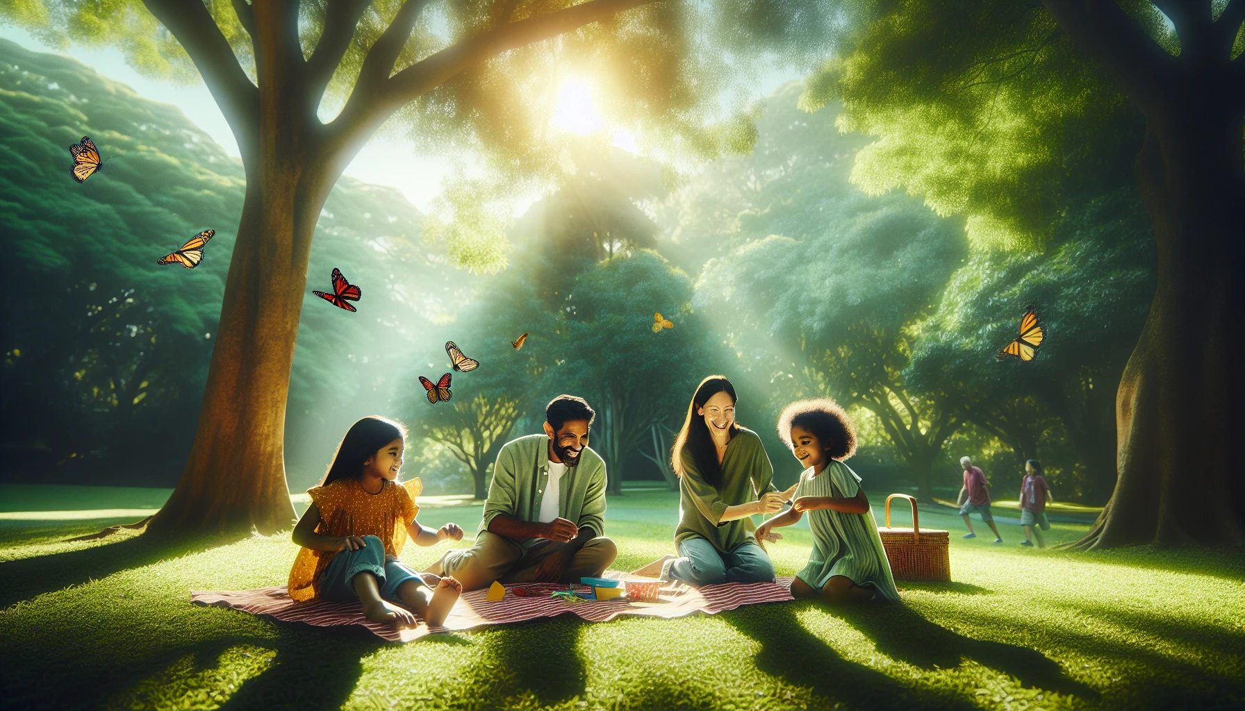 Capture a warm, idyllic scene of a family enjoying their time together in a lush, green park. The sun filters through leafy trees, casting playful shadows on their picnic blanket. Laughter fills the air as children chase butterflies, their parents share a cozy moment, watching them. Emphasize the bonds of love, joy, and connection in a vibrant, serene outdoor setting that embodies the essence of family life.