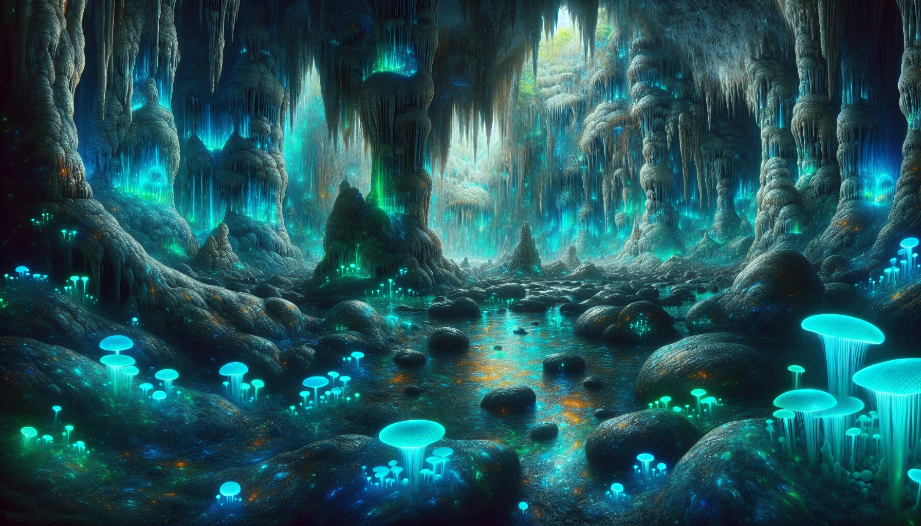 Envision a breathtaking underground cave system, where the walls shimmer with iridescent hues of blue and green. Stalactites and stalagmites are adorned with bioluminescent fungi, casting enchanting shadows on the crystal-clear pools below. Ethereal light dances across the cavern, creating a mystical atmosphere that beckons explorers to journey deeper into this hidden world, filled with wonder and ancient secrets waiting to be unveiled.