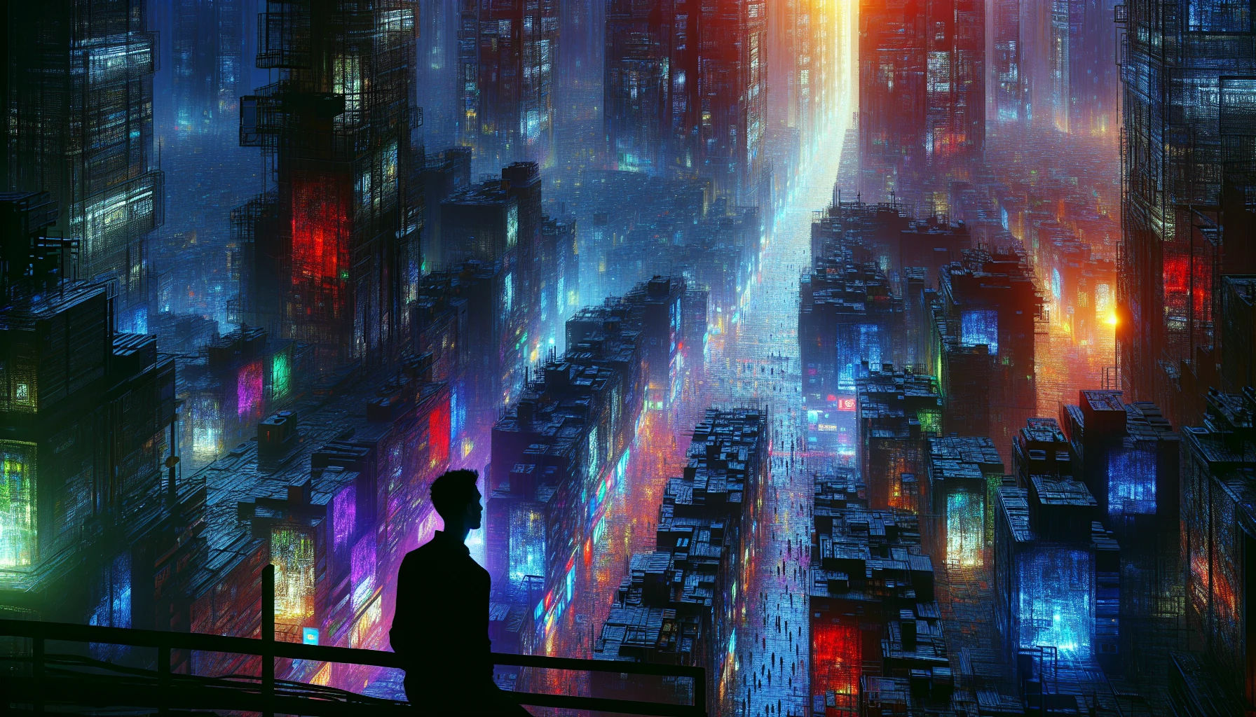 Visualize a sprawling metropolis enveloped in perpetual twilight, where towering skyscrapers shimmer with neon lights reflecting on rain-soaked streets. The atmosphere is thick with mystery, as shadowy figures navigate the bustling alleys filled with vibrant street art. Above, a sky painted in deep indigos and purples contrasts with the warm glows of holographic advertisements. A solitary figure stands on a rooftop, gazing into the enigmatic abyss of this urban labyrinth.