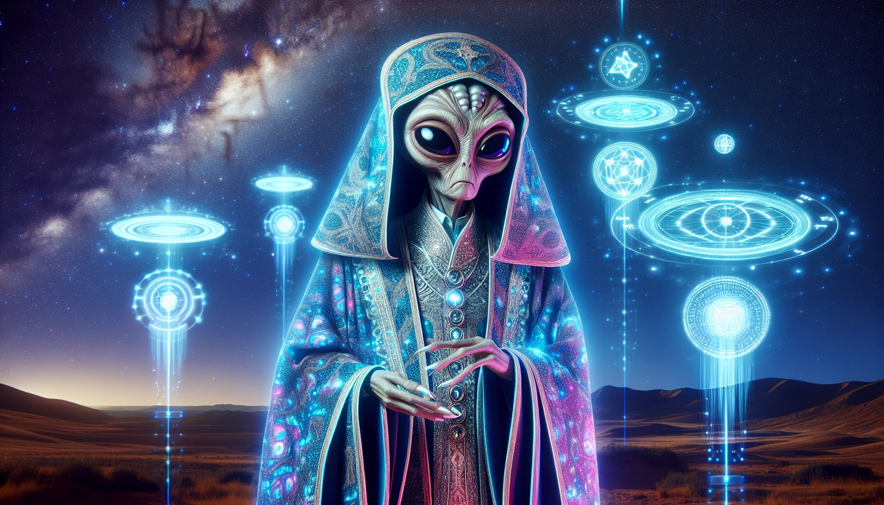 Envision a sophisticated alien diplomat standing under a starry sky, adorned in resplendent robes that shimmer with bioluminescent patterns. The intricate fabric flows elegantly, merging colors that evoke the cosmos, while the diplomat's large, expressive eyes reflect wisdom and diplomacy. Surrounding them are floating holographic displays of intergalactic symbols and treaties, creating an atmosphere of cosmic intrigue and the allure of extraterrestrial negotiation.