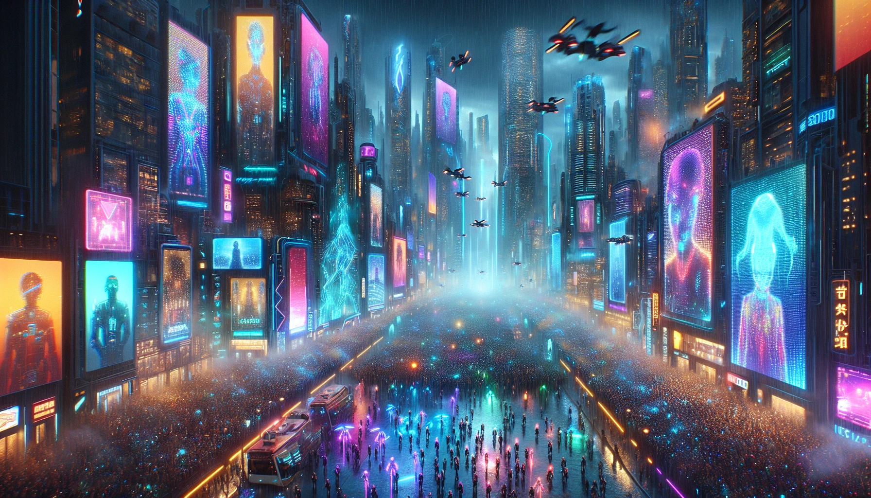 Immerse yourself in a vibrant cyberpunk metropolis, where towering skyscrapers glisten with holographic advertisements and neon lights pulse rhythmically against the darkened sky. Shimmering rain-soaked streets are alive with the bustling crowd, clad in futuristic attire adorned with glowing tech. In the air, drones zip by while a distant band plays an electrifying tune, creating a mesmerizing fusion of technology and humanity in a world of endless possibilities.