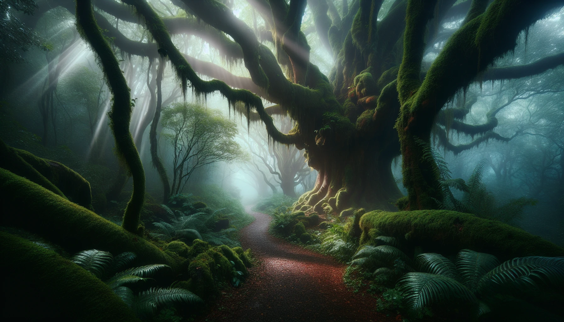 A mysterious forest path, shrouded in thick, swirling fog, beckons adventurers to explore its hidden secrets. Tall, ancient trees stand sentinel on either side, their gnarled branches draped with cascading moss. Soft beams of ethereal light pierce through the mist, illuminating the damp earth and creating an otherworldly atmosphere. The air is cool and crisp, filled with the scent of wet leaves and the whispers of unseen creatures.