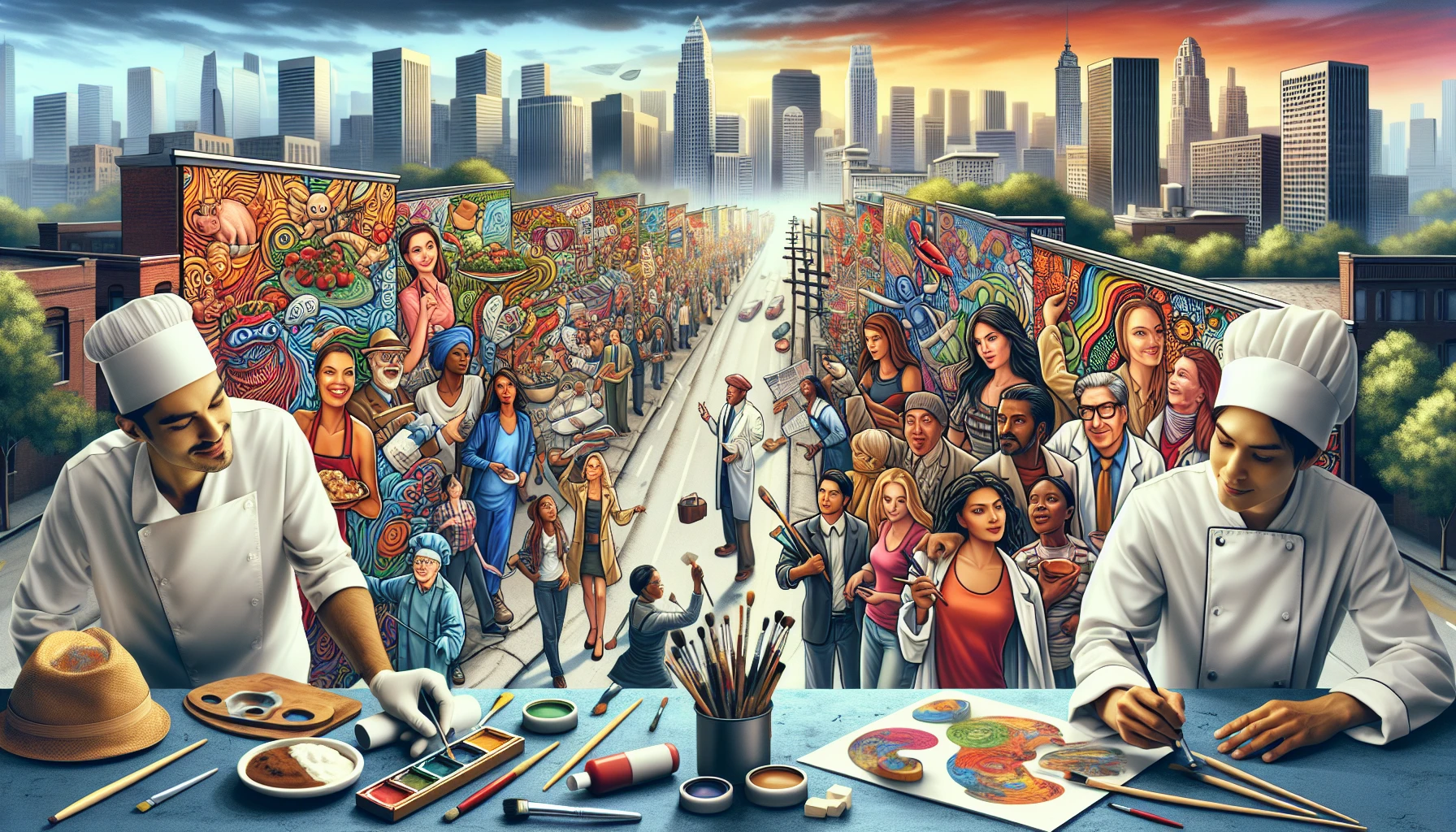 Imagine a vibrant urban scene where various professions blend seamlessly together. Picture a bustling street where a chef, artist, and scientist collaborate on a colorful mural that depicts their trades. The aroma of fresh food wafts through the air, while art supplies scatter around them. In the background, a skyline brimming with innovation and creativity rises, symbolizing community and interconnectedness among diverse roles.