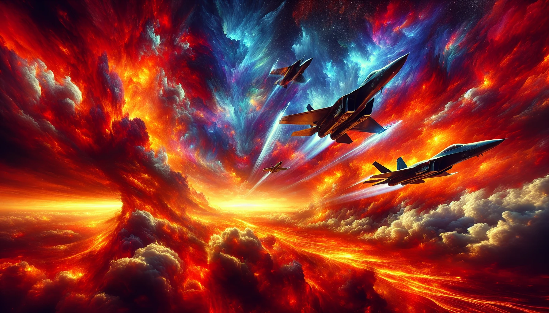 A dramatic scene unfolds as sleek fighter jets soar over a fiery landscape, their metallic bodies gleaming against an orange and red sky ablaze with flames. The ground below is a chaotic blend of molten lava and thick smoke, radiating heat and intensity. The jets carve through the air, trailing vapor as they navigate the turbulent atmosphere, embodying the clash of technology and the raw power of nature.