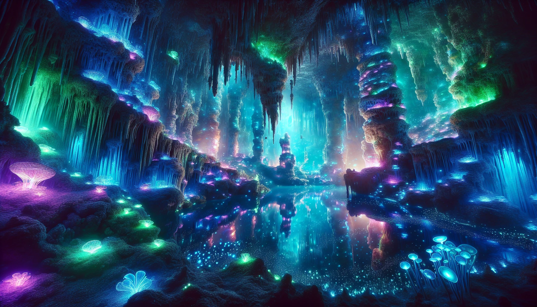 Picture a mesmerizing underground world where glowing fungi and vibrant minerals illuminate the cavernous walls in radiant hues of blue, green, and violet. Stalactites drip with shimmering droplets, casting reflections on a still, crystalline pool below. Ethereal, bioluminescent creatures flit through the air, adding magic to the scene. This enchanting landscape evokes a sense of deep wonder, inviting viewers to explore the hidden mysteries of nature's beauty.