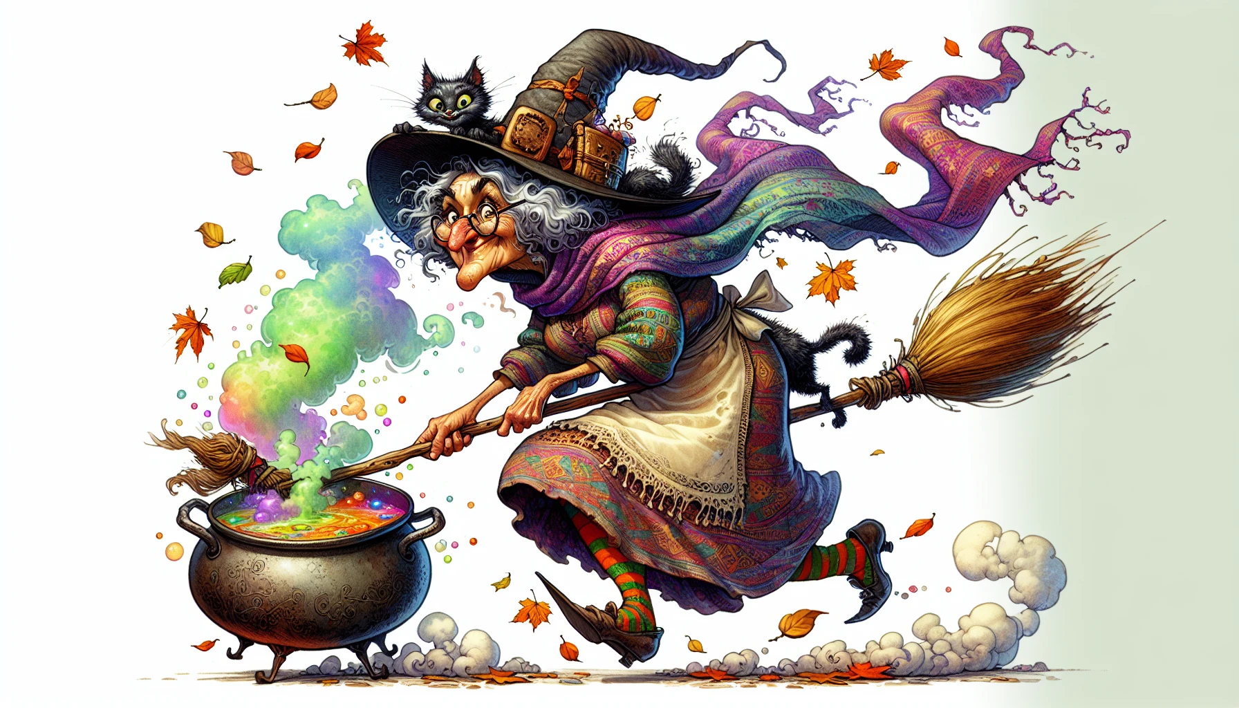 A charming scene unfolds with a clumsy witch, her oversized pointed hat slipping jauntily to one side as she struggles to mount her old broomstick. With a flurry of vibrant autumn leaves swirling around her, she clutches a bubbling cauldron filled with colorful potions. Her mismatched socks peek from beneath her flowing robe, and a mischievous black cat clings to her shoulder, ready for the next chaotic adventure.