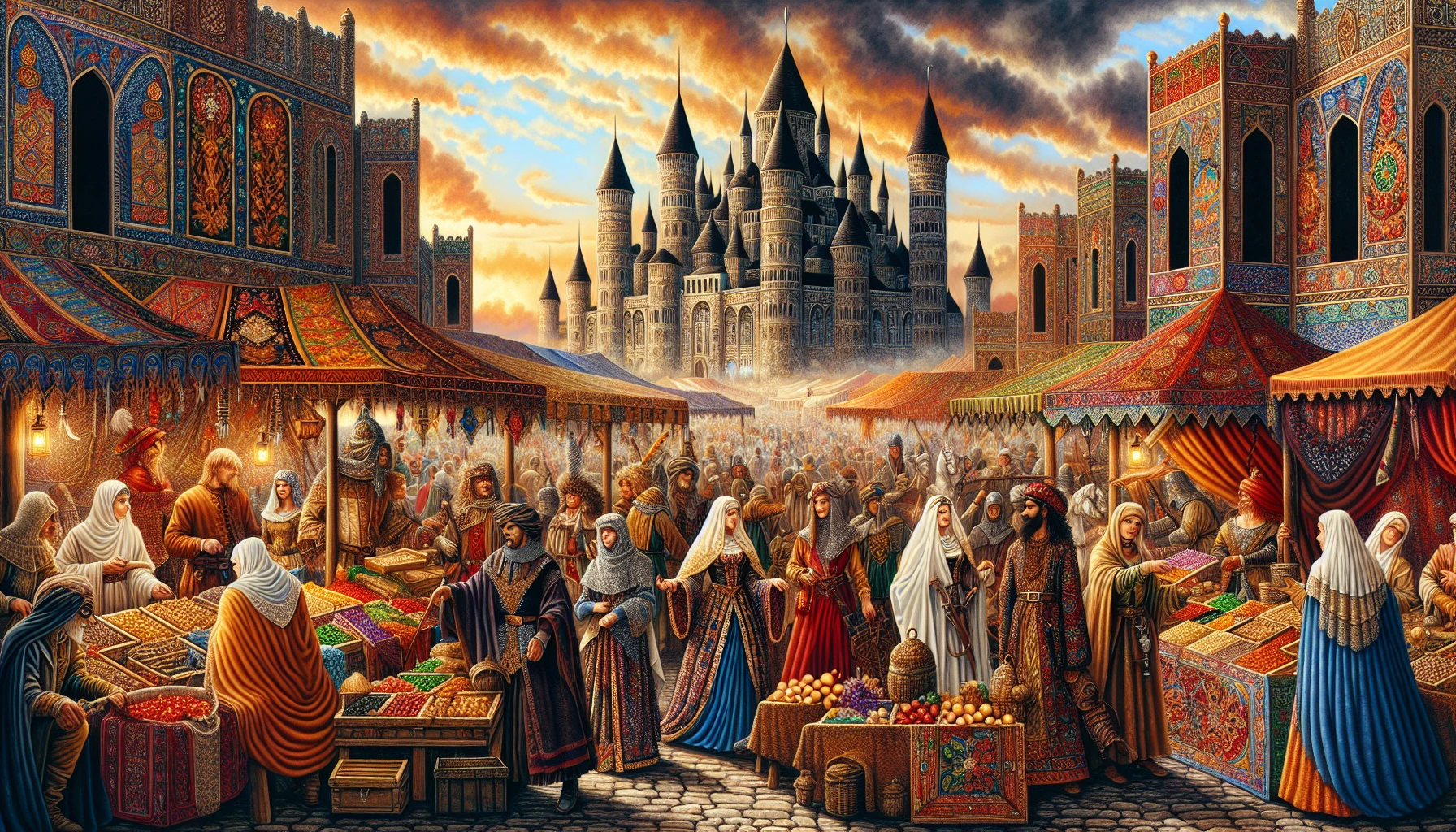 Create an enchanting scene set in a vibrant medieval marketplace bustling with life. Stalls adorned with richly colored tapestries display exotic goods, while villagers in intricately designed garments engage in lively trade. Castles loom in the background beneath a sky painted in warm sunset hues. Ethereal figures of knights and mythical creatures frolic among the crowd, embodying the spirit of a magical age long past.