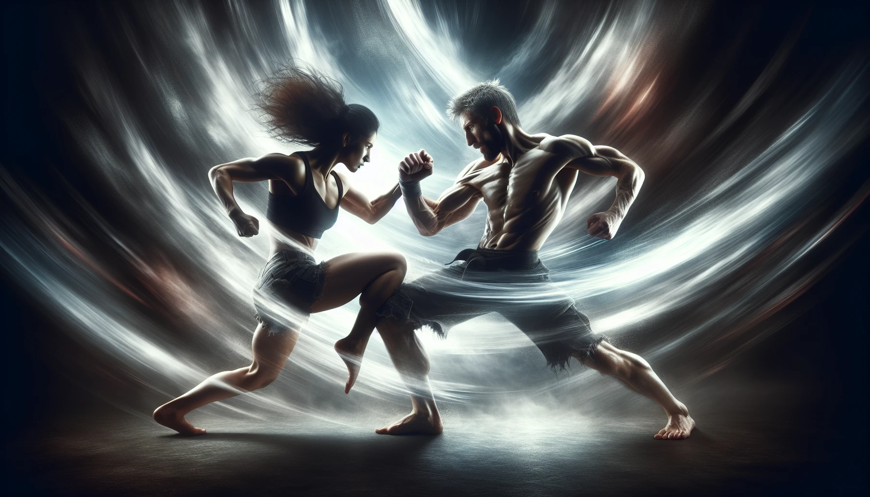 Capture the essence of explosive hand-to-hand combat with dynamic poses that convey intensity and movement. Envision a scene where skilled fighters engage in a breathtaking exchange of strikes and counters, their muscles taut and expressions fierce. The background blurs in motion, emphasizing their fluidity and grace, while dramatic lighting casts shadows that heighten the tension, drawing the viewer into this electrifying moment of martial artistry.