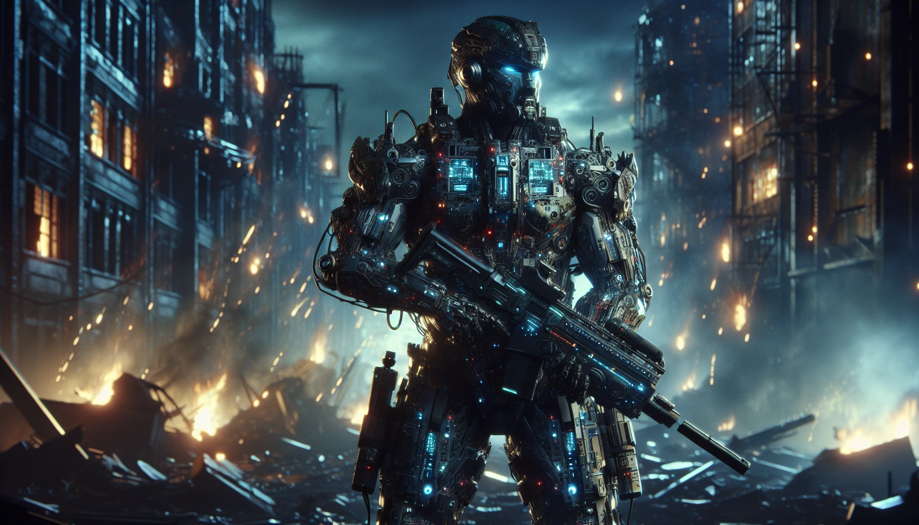 A valiant futuristic soldier stands ready for battle in sleek, high-tech power armor that gleams under the harsh lights of a dystopian landscape. The armor, adorned with intricate circuitry and vibrant energy accents, reflects the chaos of a war-torn city. Behind him, ominous shadows loom, hinting at unseen dangers, while sparks fly from damaged buildings, creating an electrifying atmosphere of urgency and valor.