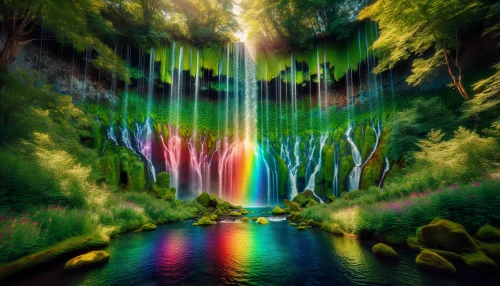 Picture a mesmerizing waterfall cascading down a moss-covered cliff, its waters shimmering in vibrant hues of red, orange, yellow, green, blue, indigo, and violet. Sunlight filters through the foliage, creating a magical prism effect as droplets dance in the air. Below, a tranquil pool reflects the radiant colors, surrounded by wildflowers and lush greenery, inviting viewers to step into this enchanting, serene paradise.