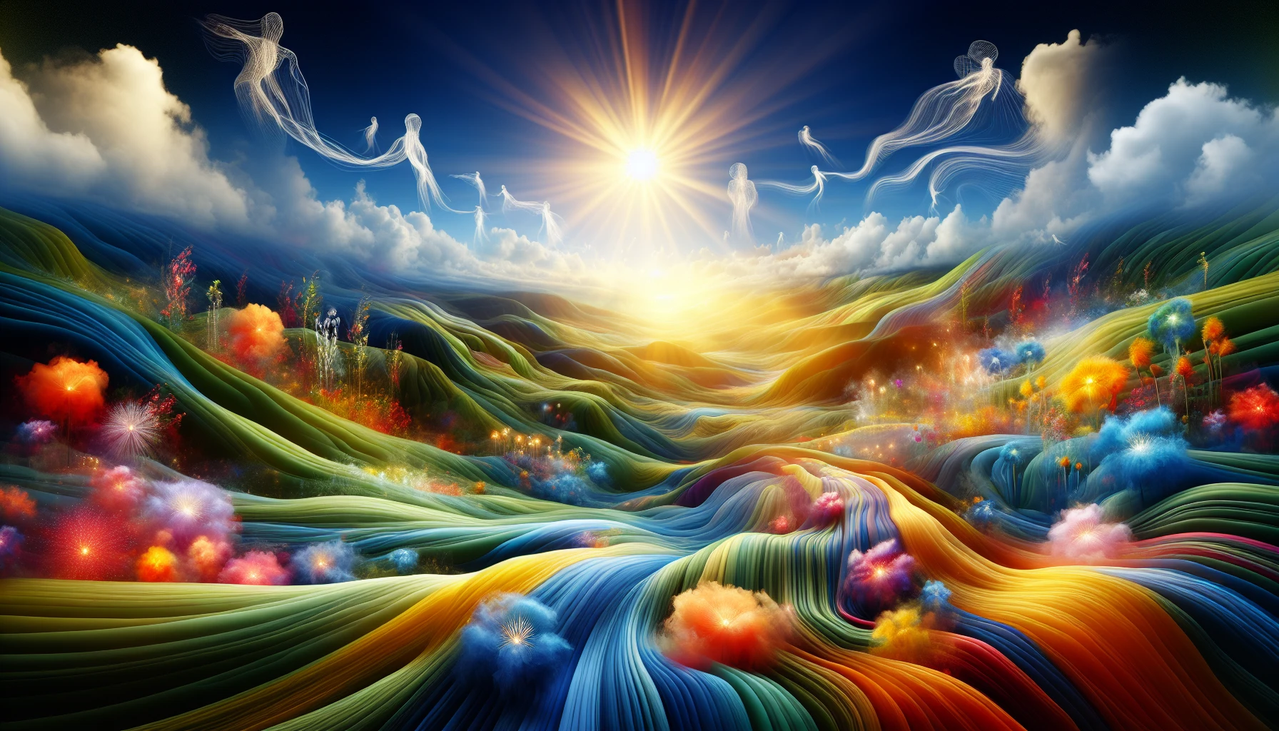 Imagine a surreal landscape where vibrant colors blend harmoniously, symbolizing the essence of hope and dreams. A radiant sun rises over rolling hills, casting golden rays that illuminate flowers blooming in every hue imaginable. Ethereal figures float gracefully above, embodying aspirations taking flight, while delicate wisps of clouds form shapes of joy and serenity. This enchanting scene invites viewers to embrace their inner desires and the beauty of possibility.