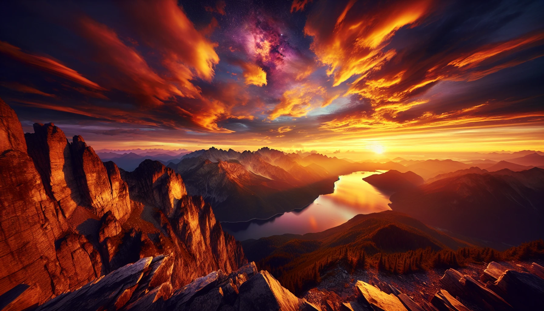 Imagine standing at the edge of a rugged cliff, your heart racing as you gaze upon an expansive landscape of towering mountains bathed in the golden glow of sunset. The sky is a canvas of fiery oranges and deep purples, while below, a tranquil lake mirrors the spectacle above. The crisp air is infused with the scent of pine and earth, making you feel both small and profoundly connected to the majesty of nature.