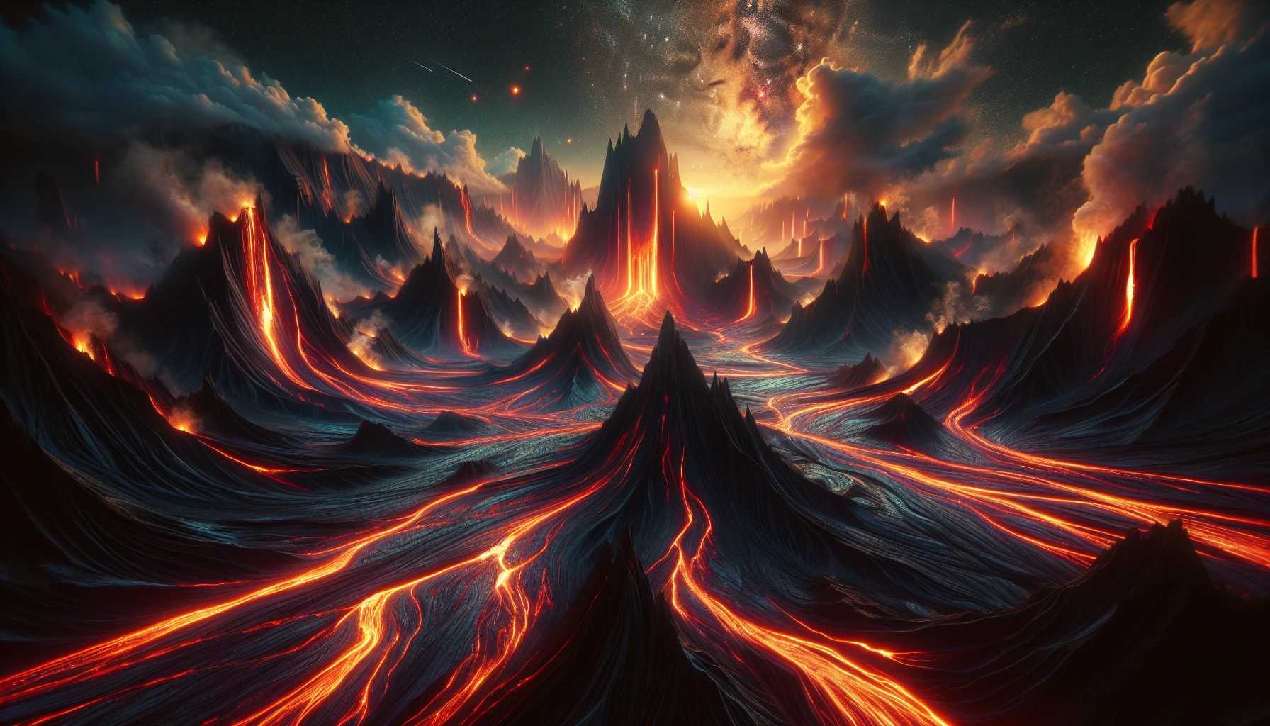 Imagine a breathtaking volcanic landscape, where fiery rivers of molten lava snake their way through rugged, towering mountains. The terrain is dotted with glowing fissures and billowing smoke, creating an otherworldly atmosphere. Vivid orange and red hues contrast sharply with the dark, ash-covered ground, while the sky above shimmers with the heat of the eruption, casting a surreal twilight glow over the scene.