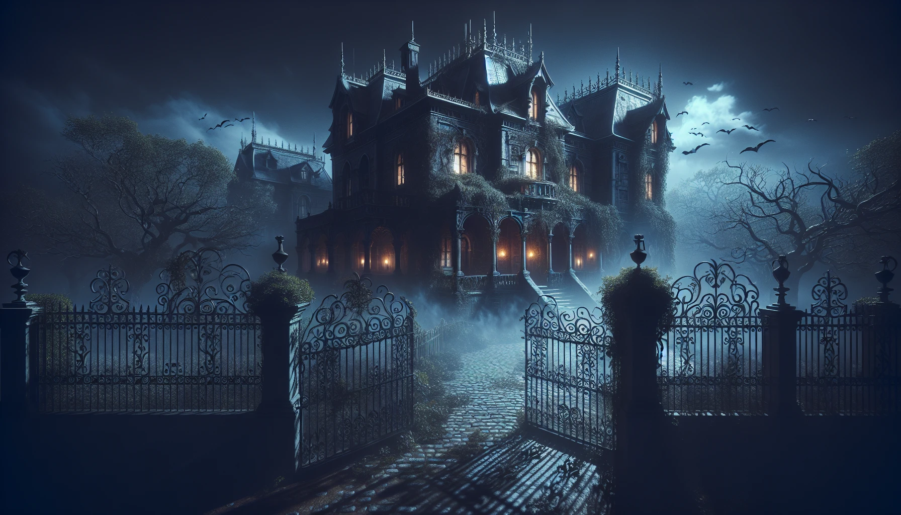 In a shadowy expanse, an ancient mansion looms, its crumbling façade adorned with ivy and secrets. Flickering candlelight spills from cracked windows, casting eerie shadows that dance across the cobblestone path. Wisps of fog curl around the ornate wrought-iron gate as ghostly figures seem to whisper from the darkness. Through the dim glow, the air is thick with mystery, inviting brave souls to uncover its chilling tales.