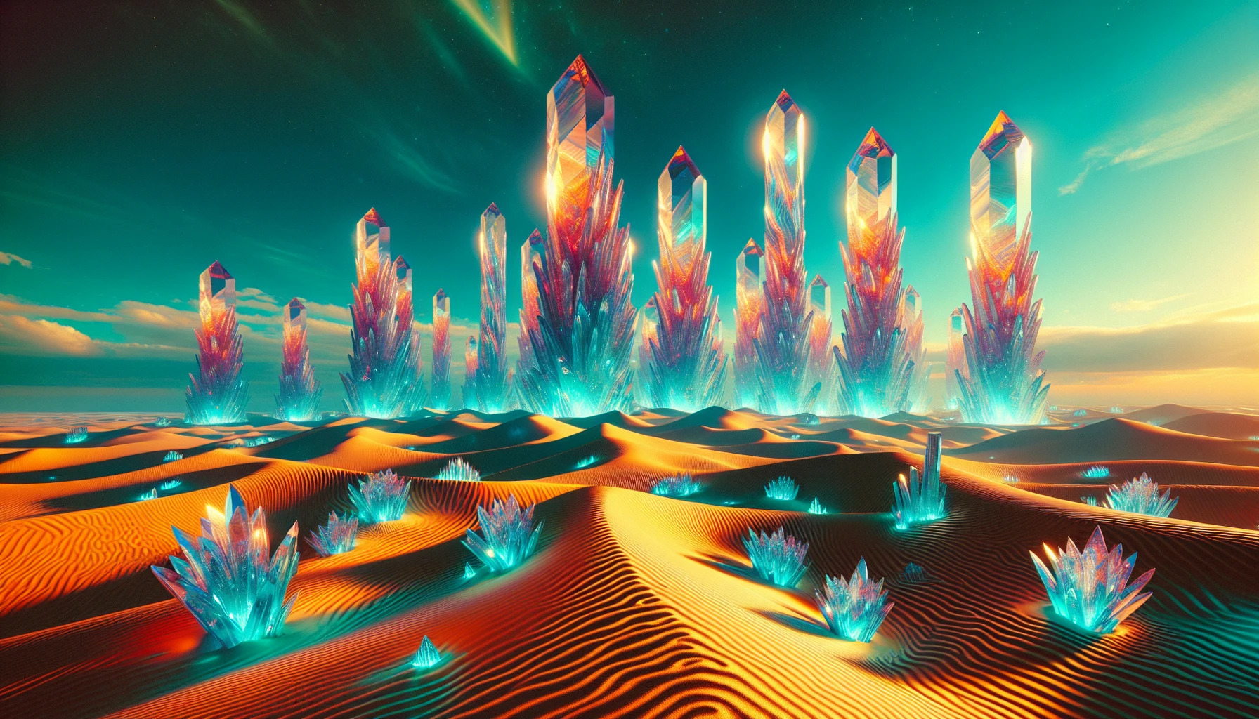 Imagine a surreal desert stretching beneath a brilliant turquoise sky, where towering crystalline structures jut from the golden sands like colossal spires of light. Each crystal glimmers with iridescent hues, reflecting the sun's rays and casting mesmerizing patterns on the ground. Distant sand dunes ripple like waves, and scattered alien flora thrive in this otherworldly environment, creating a breathtaking contrast between the harshness of the desert and the ethereal beauty of the crystals.