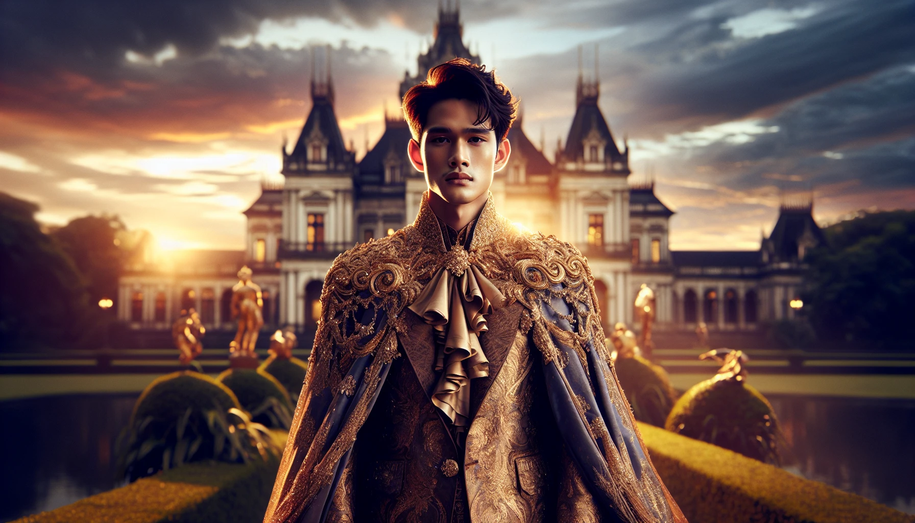 Picture a young prince standing confidently against a backdrop of a grand castle. Dressed in an opulent, intricately designed royal cape that glimmers with golden accents, the fabric flows elegantly around him. His youthful face radiates determination, adorned with a delicate crown. The vibrant, sunset-hued sky casts a warm glow, accentuating the regal atmosphere, while lush greenery surrounds the majestic scene, symbolizing hope and a bright future.