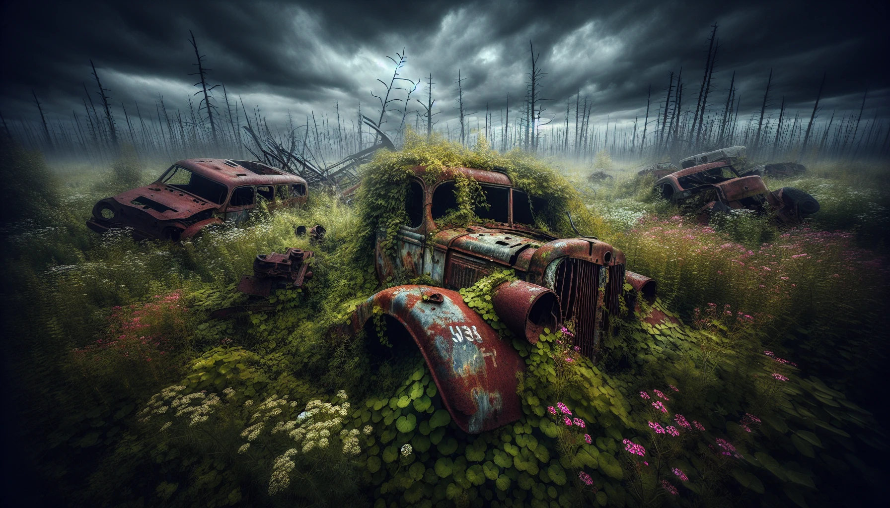 An eerie landscape unfolds, showcasing an abandoned battlefield where nature reclaims its territory. Rusting vehicles, remnants of a bygone era, lay scattered among overgrown weeds and wildflowers, their decaying metal echoing stories of conflict. Faded camouflage paint peels away in the sunlight, while a smoke-gray sky looms overhead, casting a somber light on this hauntingly beautiful site steeped in history and loss.